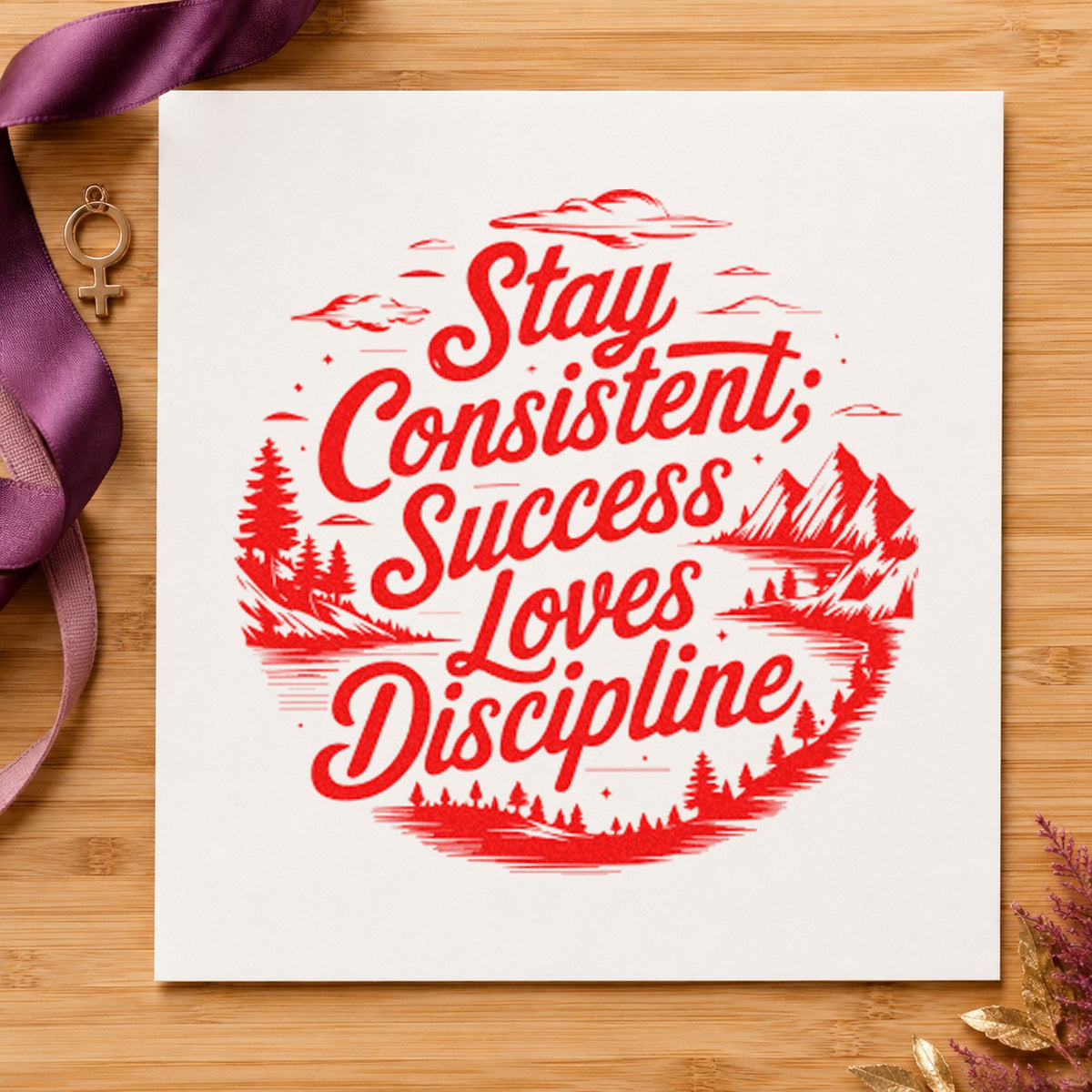 Consistent Success Loves Discipline rubber stamp shown in red ink, stamped for projects such as rack ski labels.