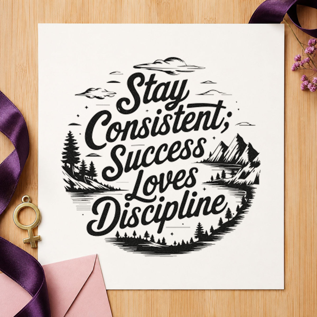 Consistent Success Loves Discipline rubber stamp printed in black ink, ready for pine river cards and similar paper crafts.