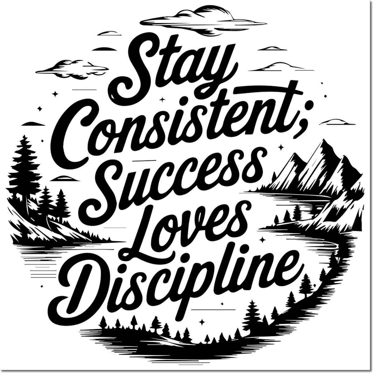 Black motivational stamp/seal reading Stay Consistent, Success Loves Discipline with mountains, pine trees, clouds, and stars.
