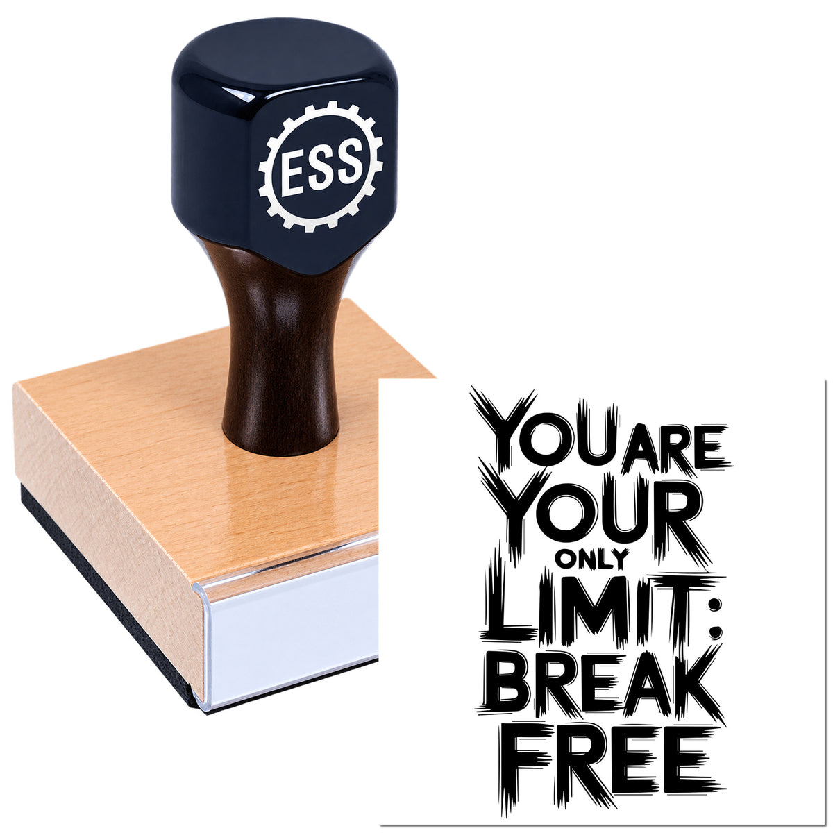 Dark navy ESS stamp and seal on a wooden handle over a pink block, beside bold black "You Are Your Only Limit" text.