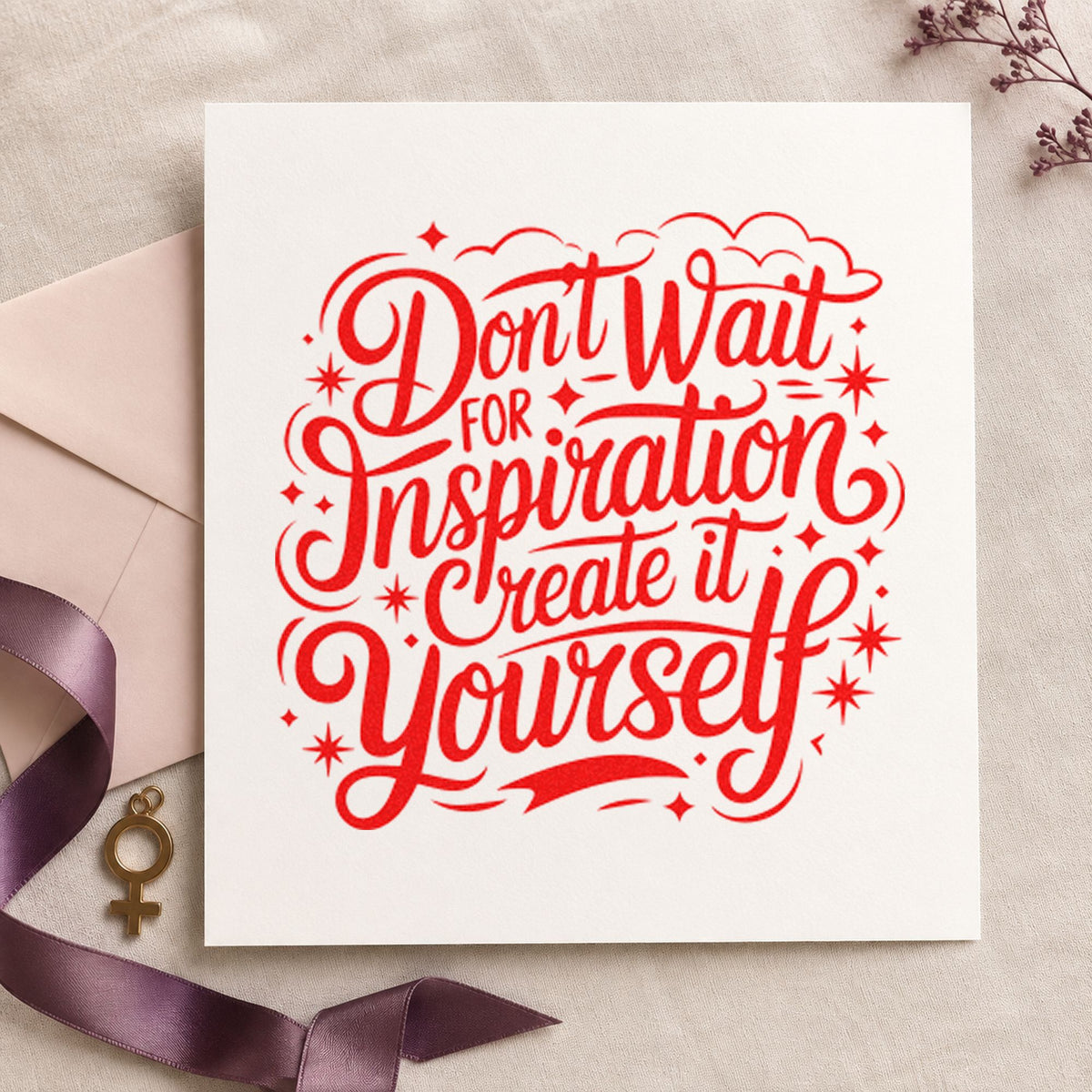 Create Inspiration Yourself Quote craft stamp imprint in red ink on a handmade project, one idea being line idea cards.