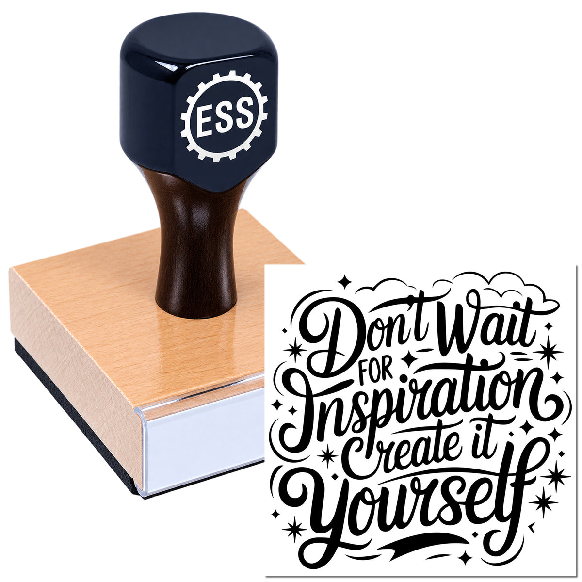 Navy ESS stamp and seal on pink block with black "Don't wait for inspiration, create it yourself" design.