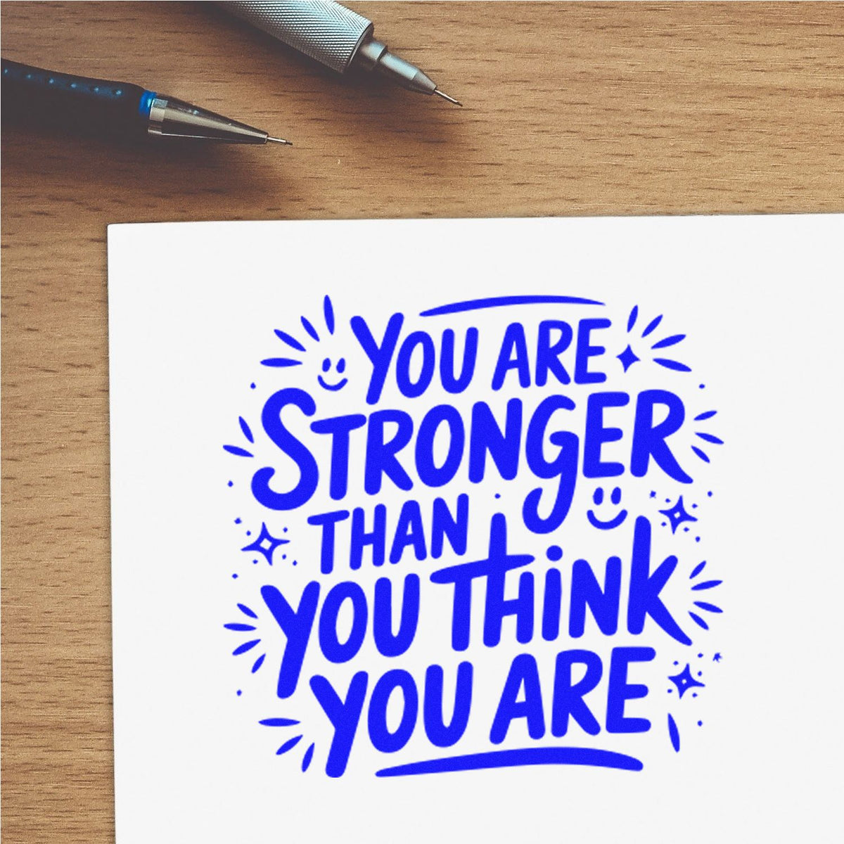 Blue motivational stamp design on white paper reading You are stronger than you think beside two pens.