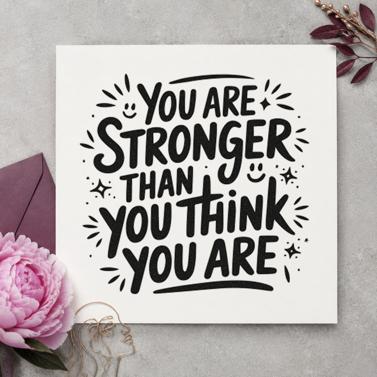 Stronger Than You Think rubber stamp printed in black ink, ready for cord count sheet and similar paper crafts.