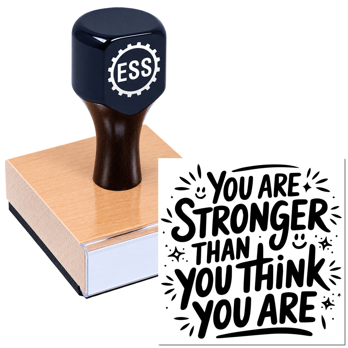 Black ESS rubber stamp on copper seal block with bold "You Are Stronger Than You Think" design.
