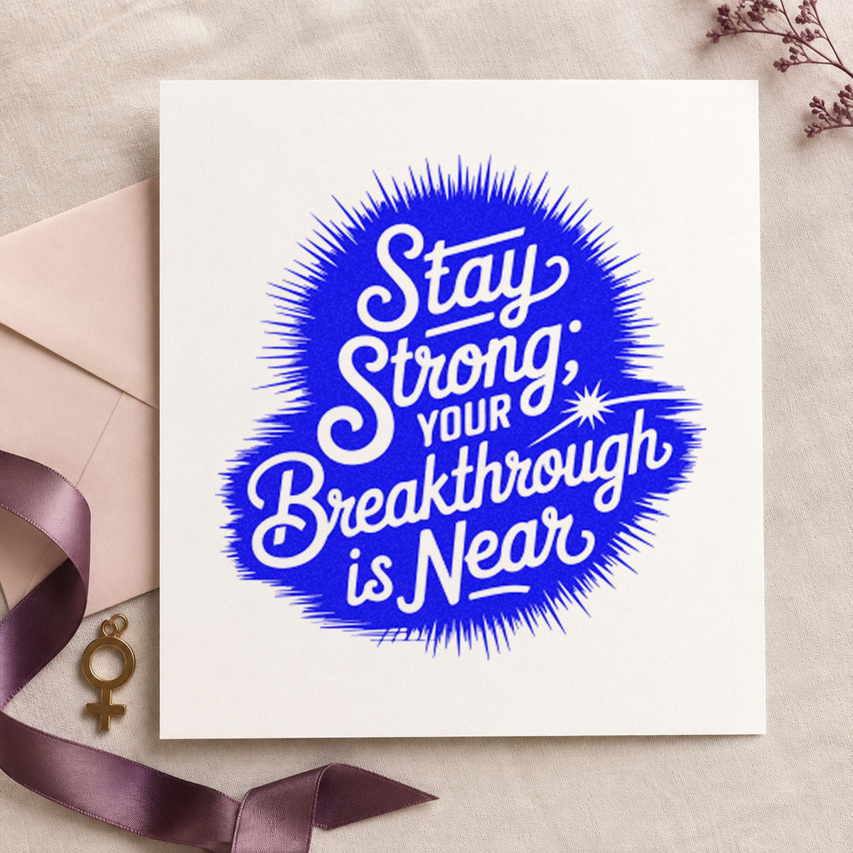 Stay Strong Breakthrough Near craft stamp imprinted in blue ink on paper, a design suited to framed farm office.