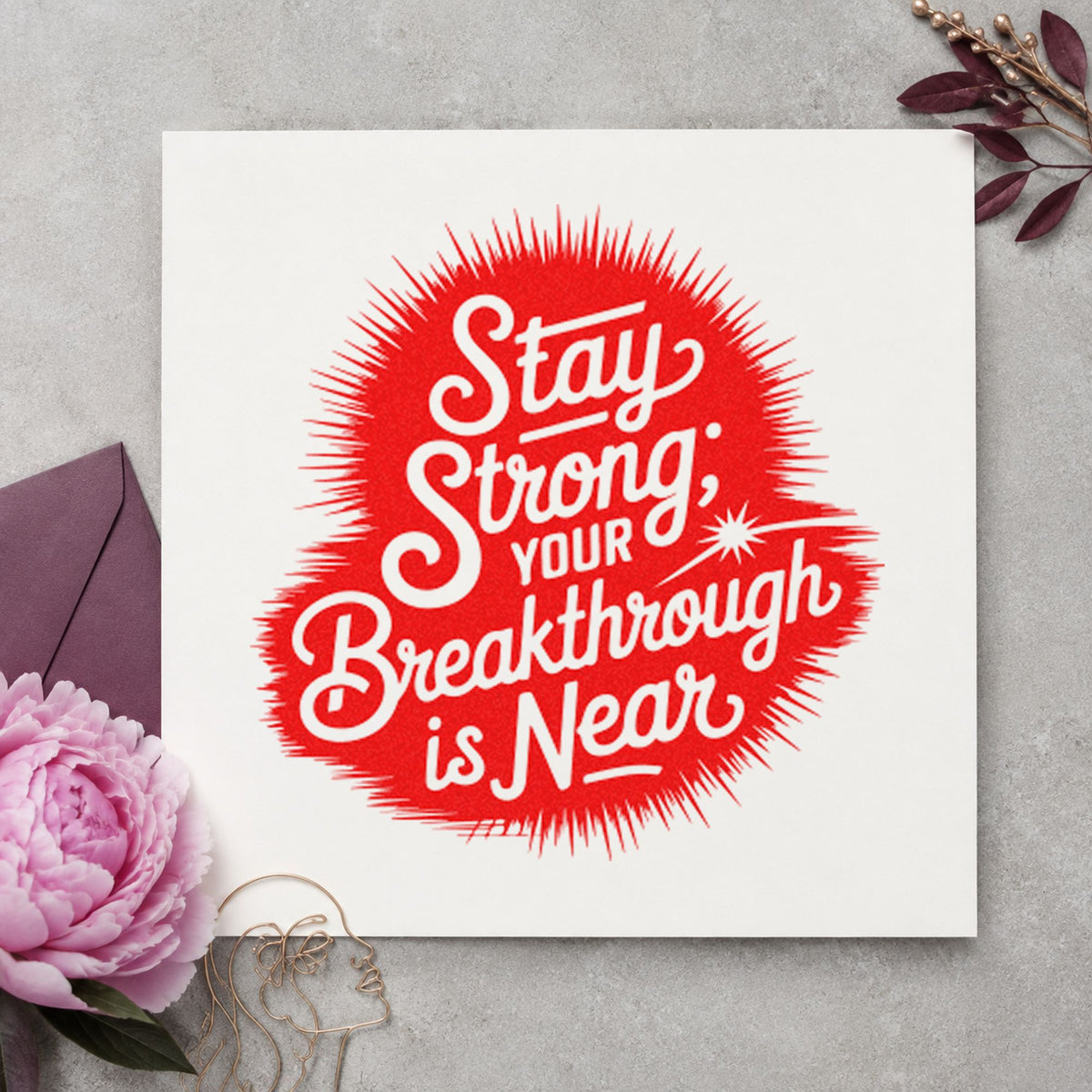 Stay Strong Breakthrough Near rubber stamp shown in red ink, stamped for projects such as bin seed labels.