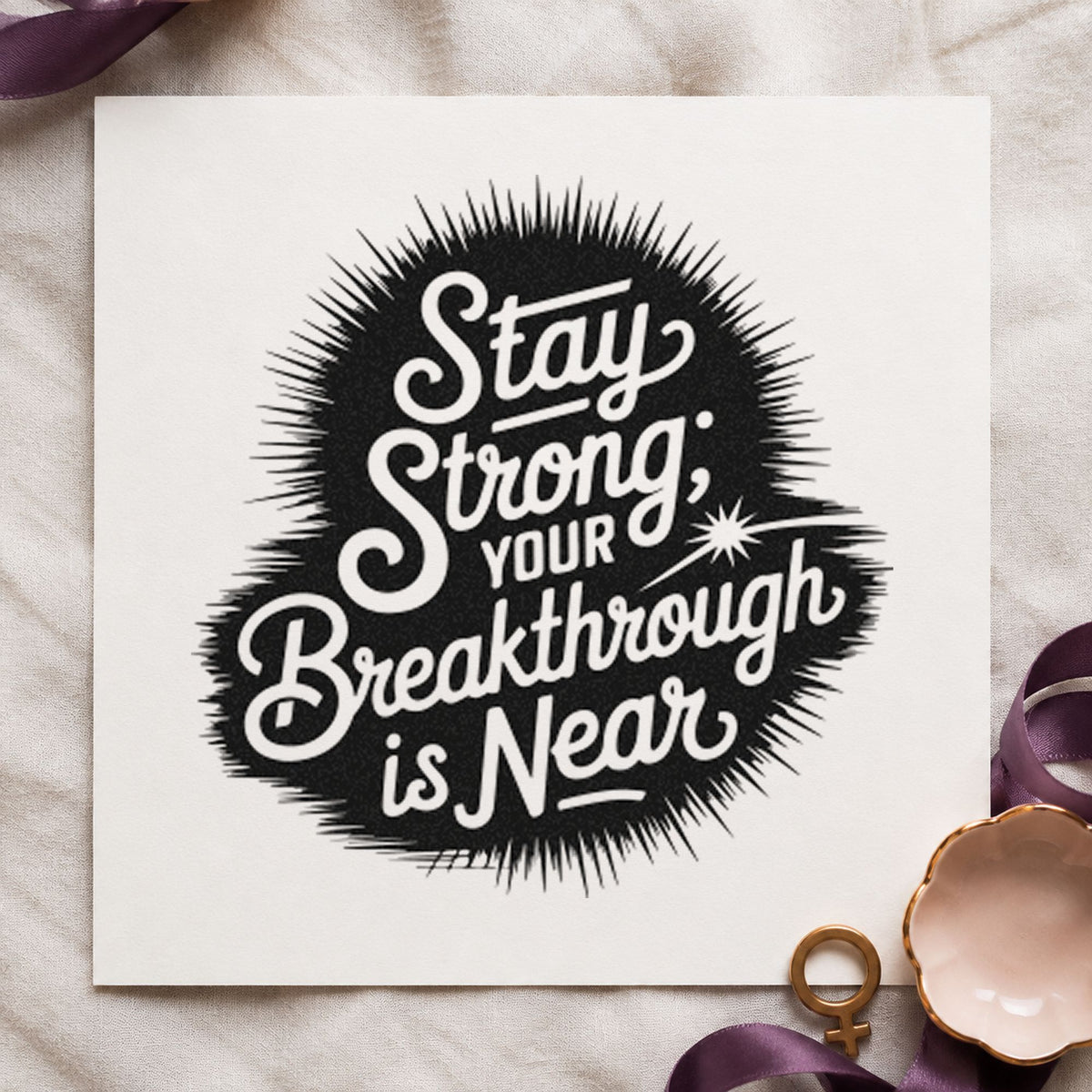 Stay Strong Breakthrough Near rubber stamp printed in black ink, ready for dark sunburst cards and similar paper crafts.