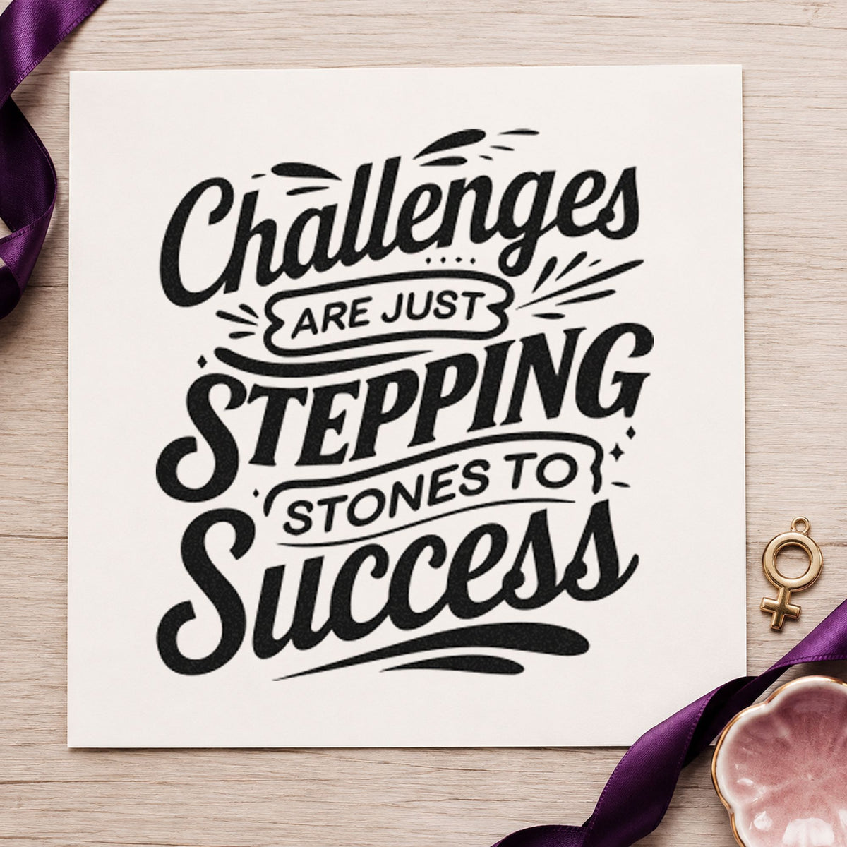 Challenges Stepping Stones Success craft stamp imprint in black ink on a handmade project, one idea being sample stone tags.