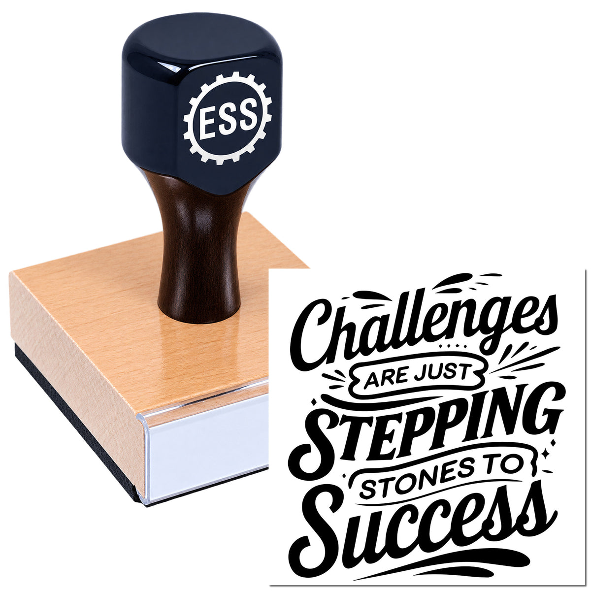 Dark navy rubber stamp on a wooden base with ESS logo and black "Challenges are just stepping stones to success" seal graphic.