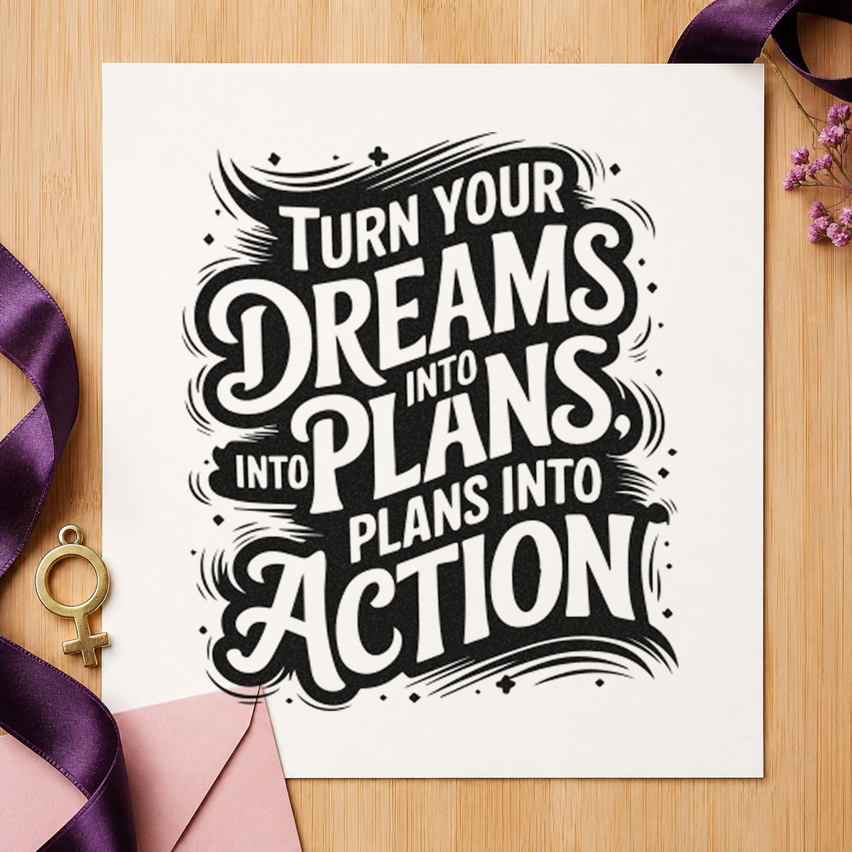 Dreams Plans Action Lettering craft stamp imprint in black ink on a handmade project, one idea being document gift tags.