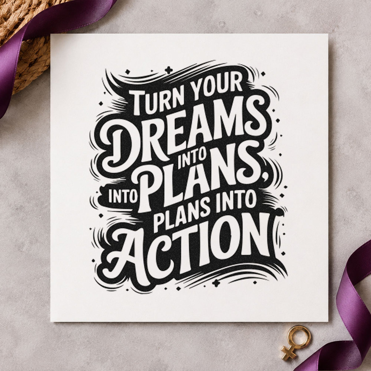 Dreams Plans Action Lettering rubber stamp printed in black ink, ready for itinerary plan sheet and similar paper crafts.