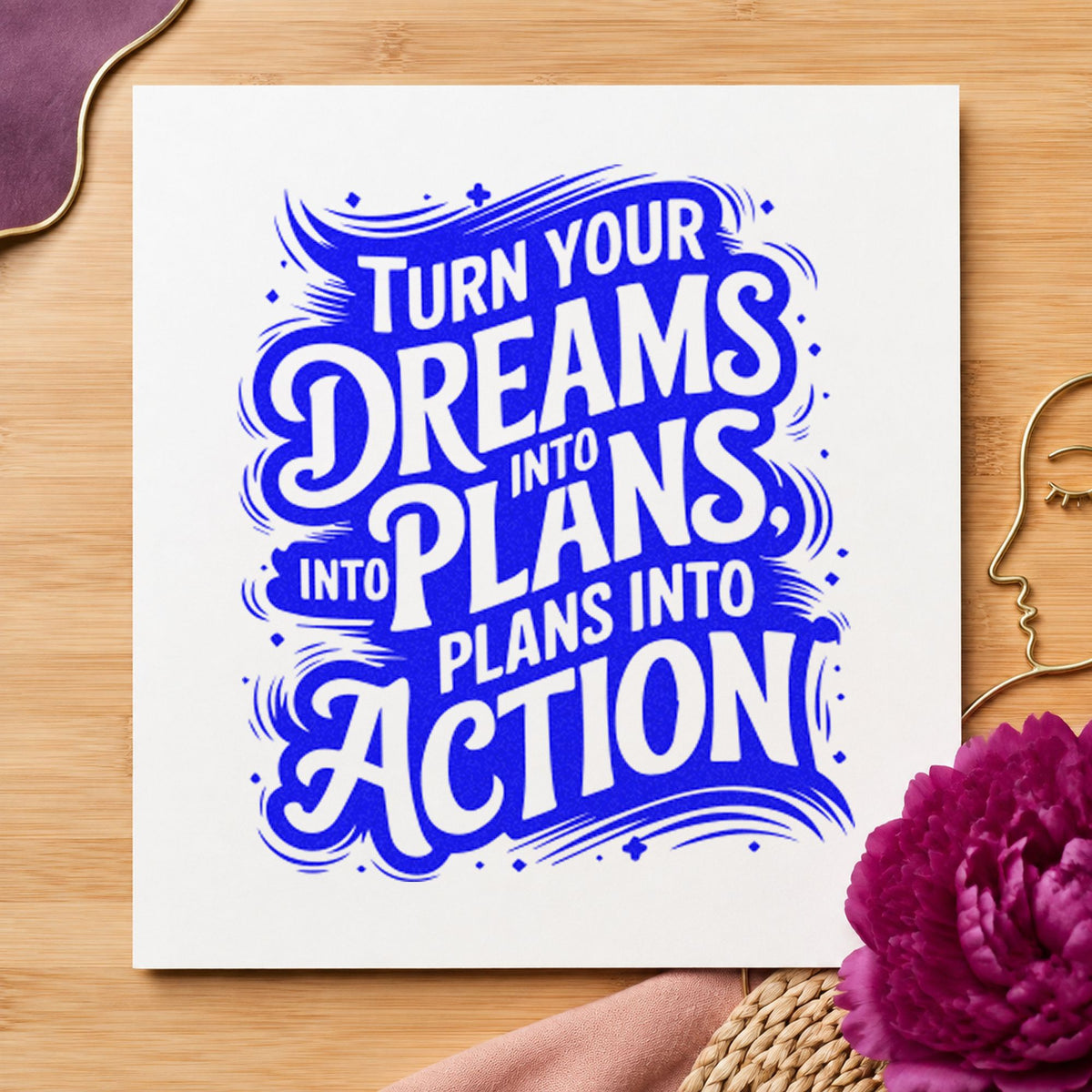 Dreams Plans Action Lettering craft stamp in blue ink on cardstock, an easy option for luggage tag printing.