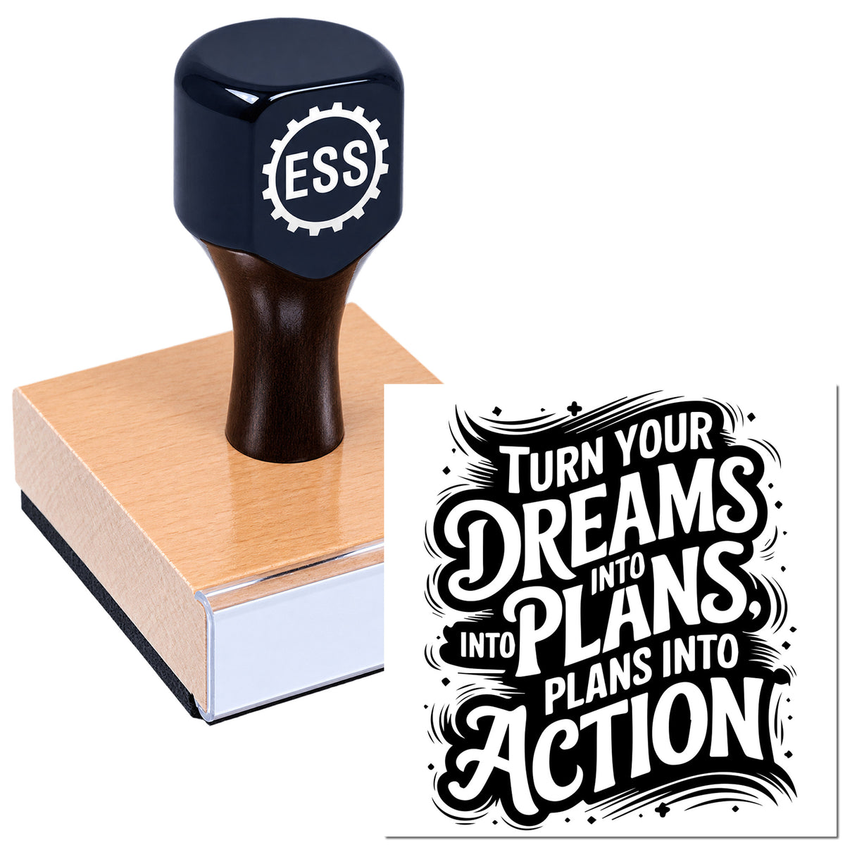Black ESS rubber stamp on a peach sealing block, with black-and-white motivational seal design.
