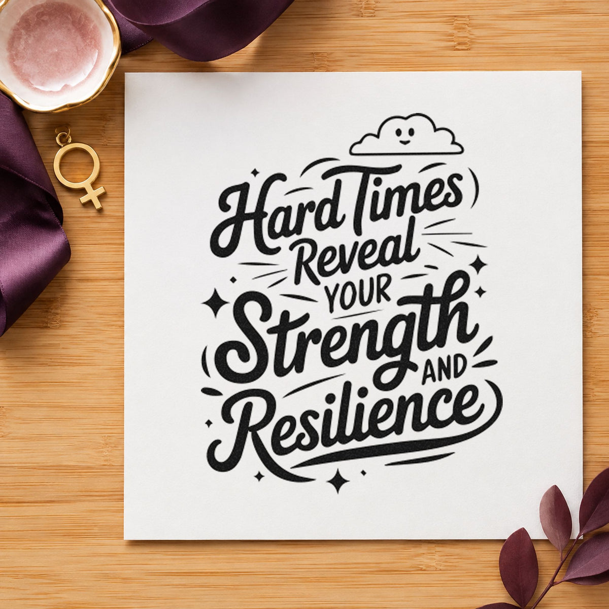 Hard Times Reveal Strength craft stamp imprint in black ink on a handmade project, one idea being loyal customer tags.