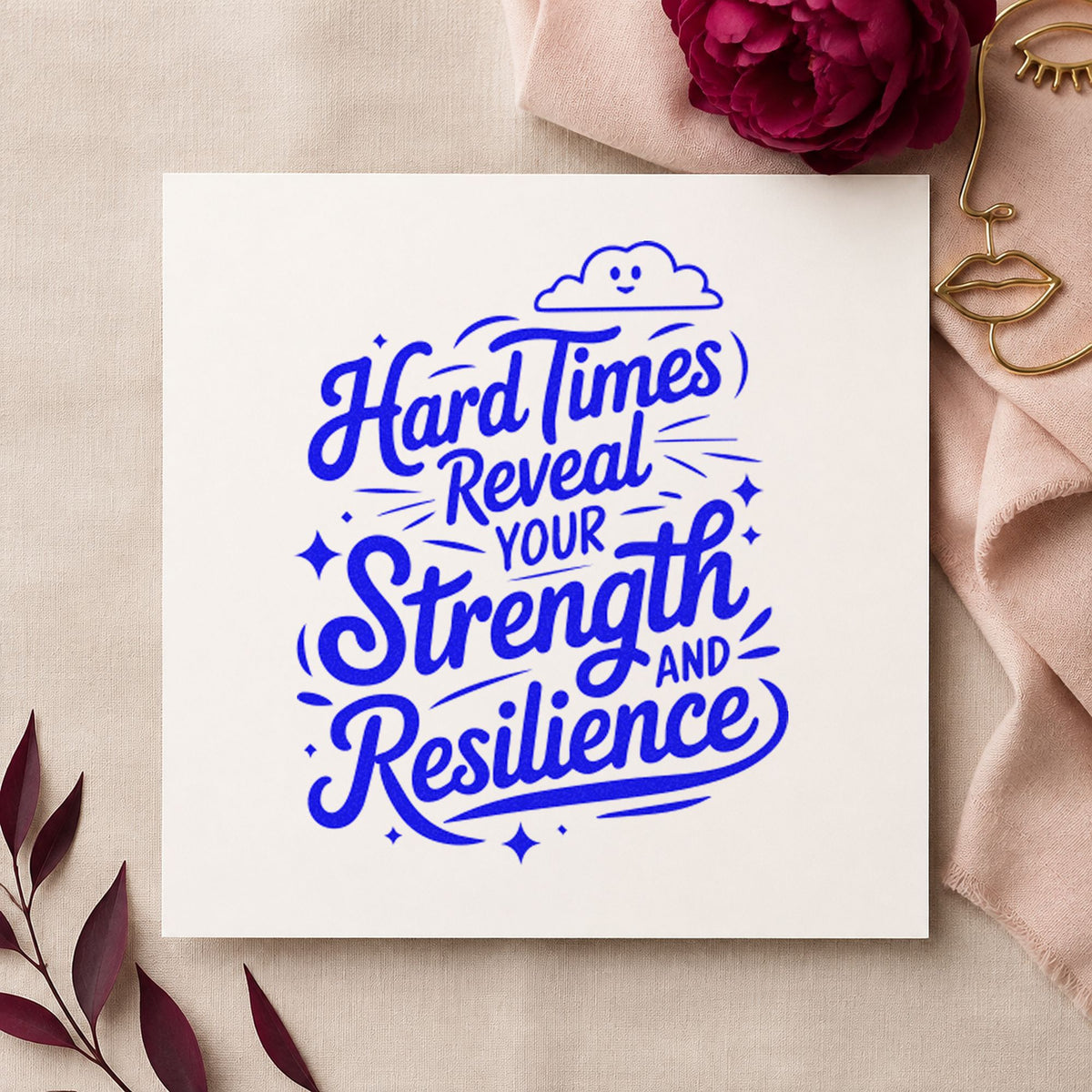 Hard Times Reveal Strength craft stamp in blue ink on cardstock, an easy option for counter cloth printing.