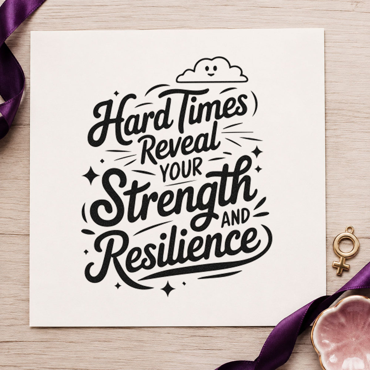 Hard Times Reveal Strength rubber stamp printed in black ink, ready for smiling cloud cards and similar paper crafts.