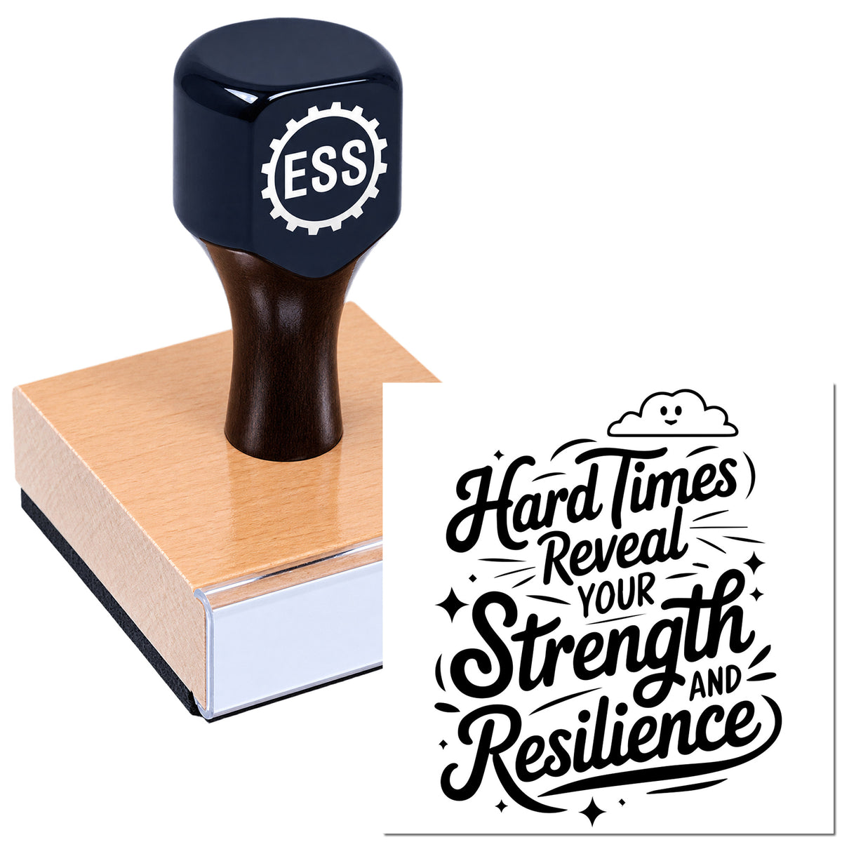 Navy ESS stamp and pink seal block with black decorative "Hard Times Reveal Your Strength and Resilience" design.