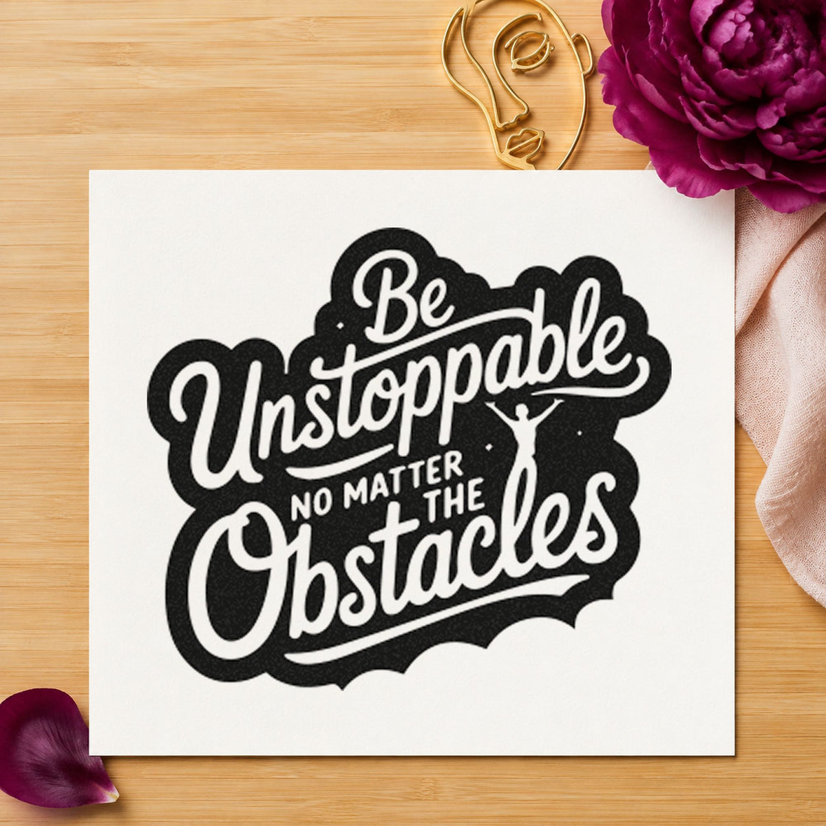 Be Unstoppable Through Obstacles rubber stamp printed in black ink, ready for tiny figure cards and similar paper crafts.