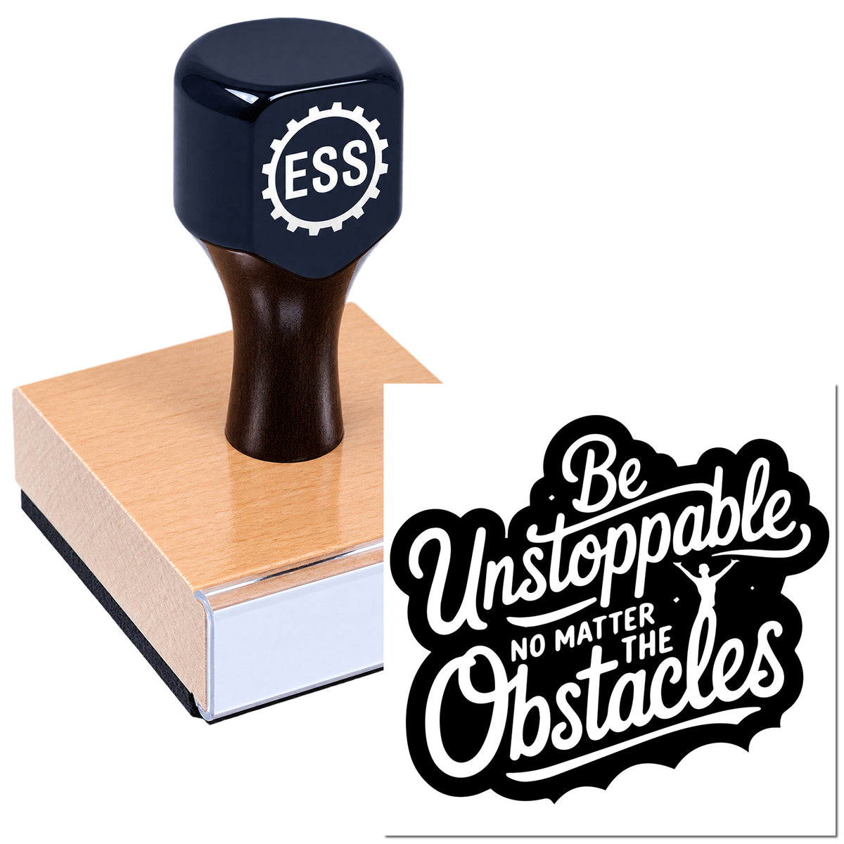 Black ESSI rubber stamp and copper seal block with "Be Unstoppable" lettering on a white background.