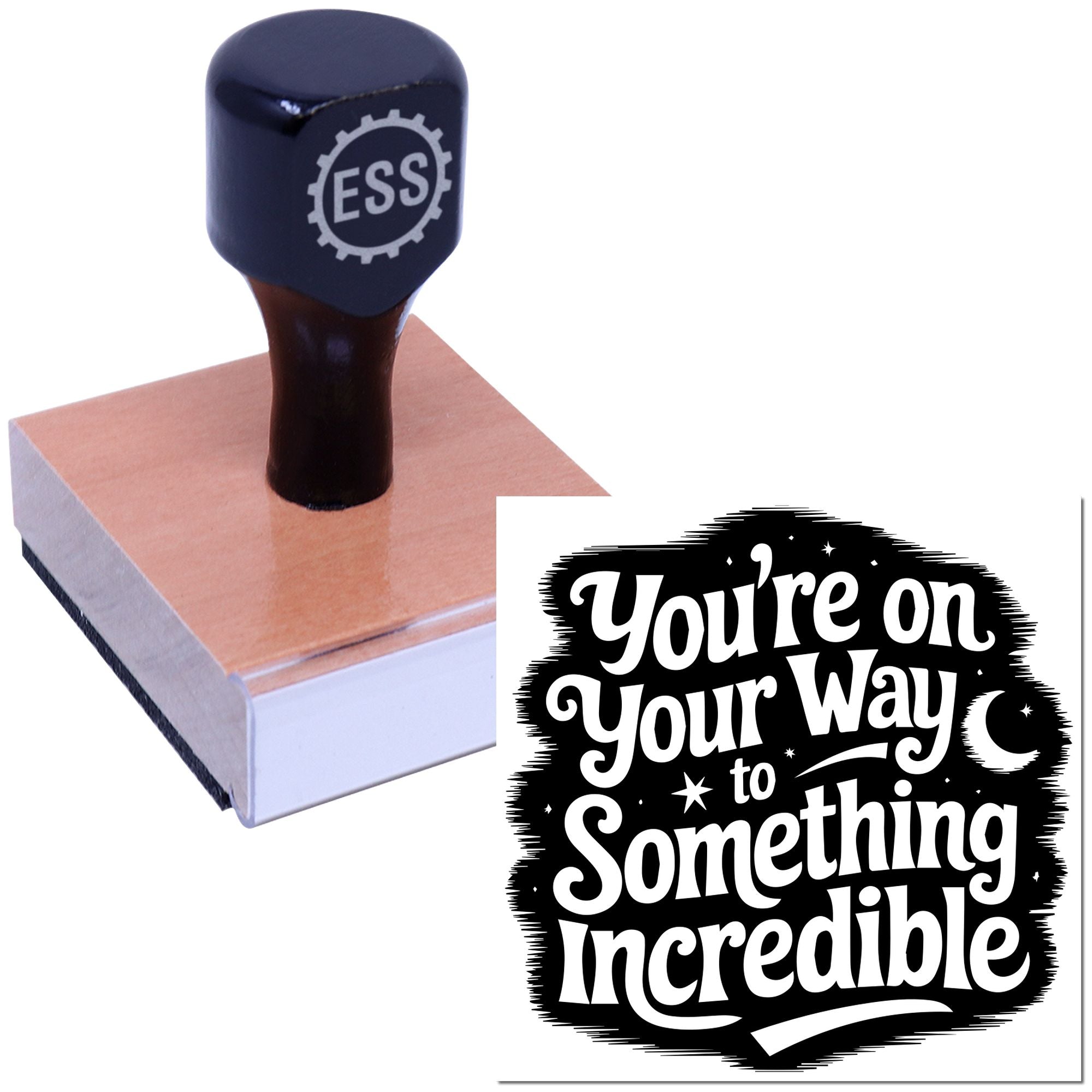 Navy blue ESS rubber stamp on a peach seal block, beside a black seal design with white Youre on your way to something incredible text.