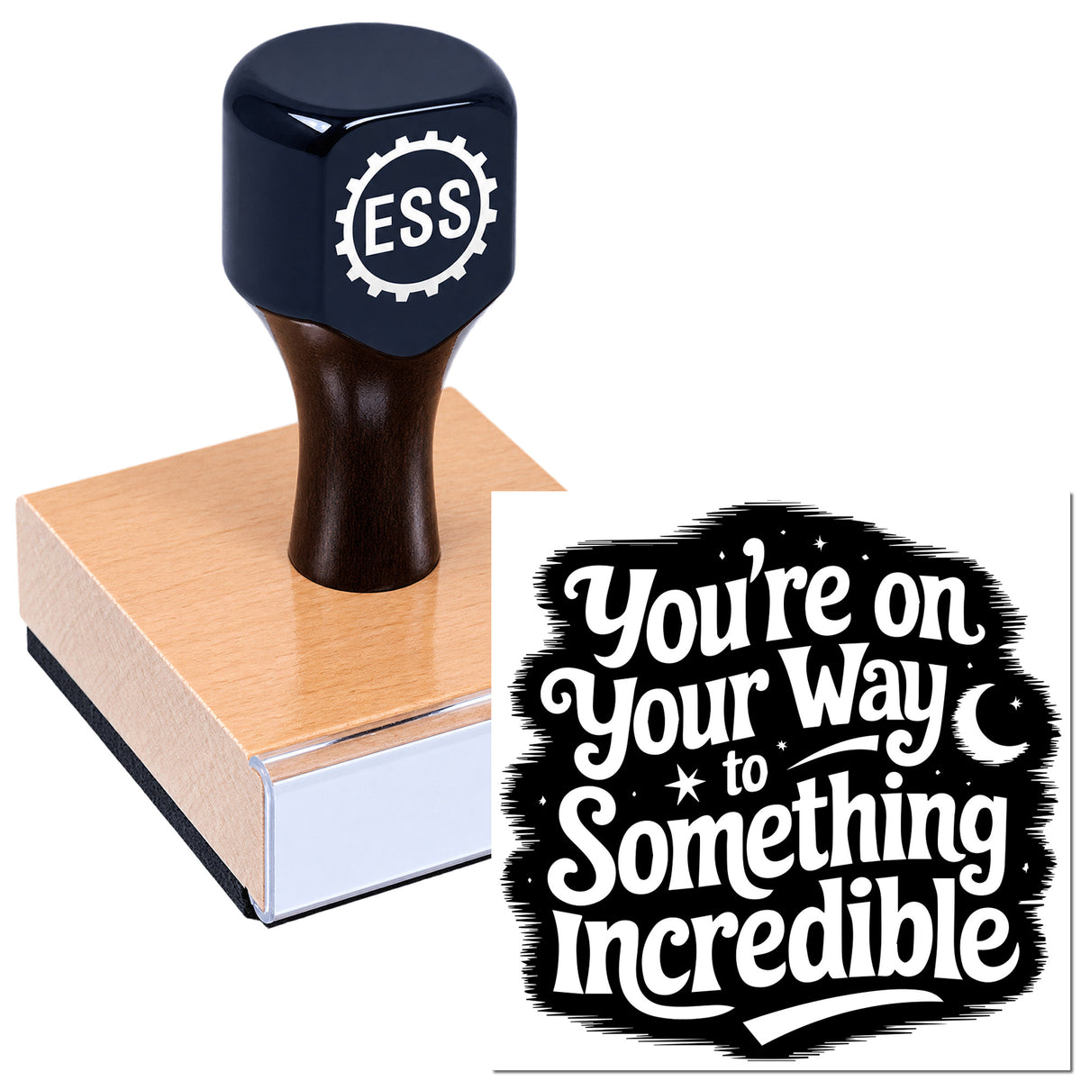 Navy blue ESS rubber stamp on a peach seal block, beside a black seal design with white "You're on your way to something incredible" text.