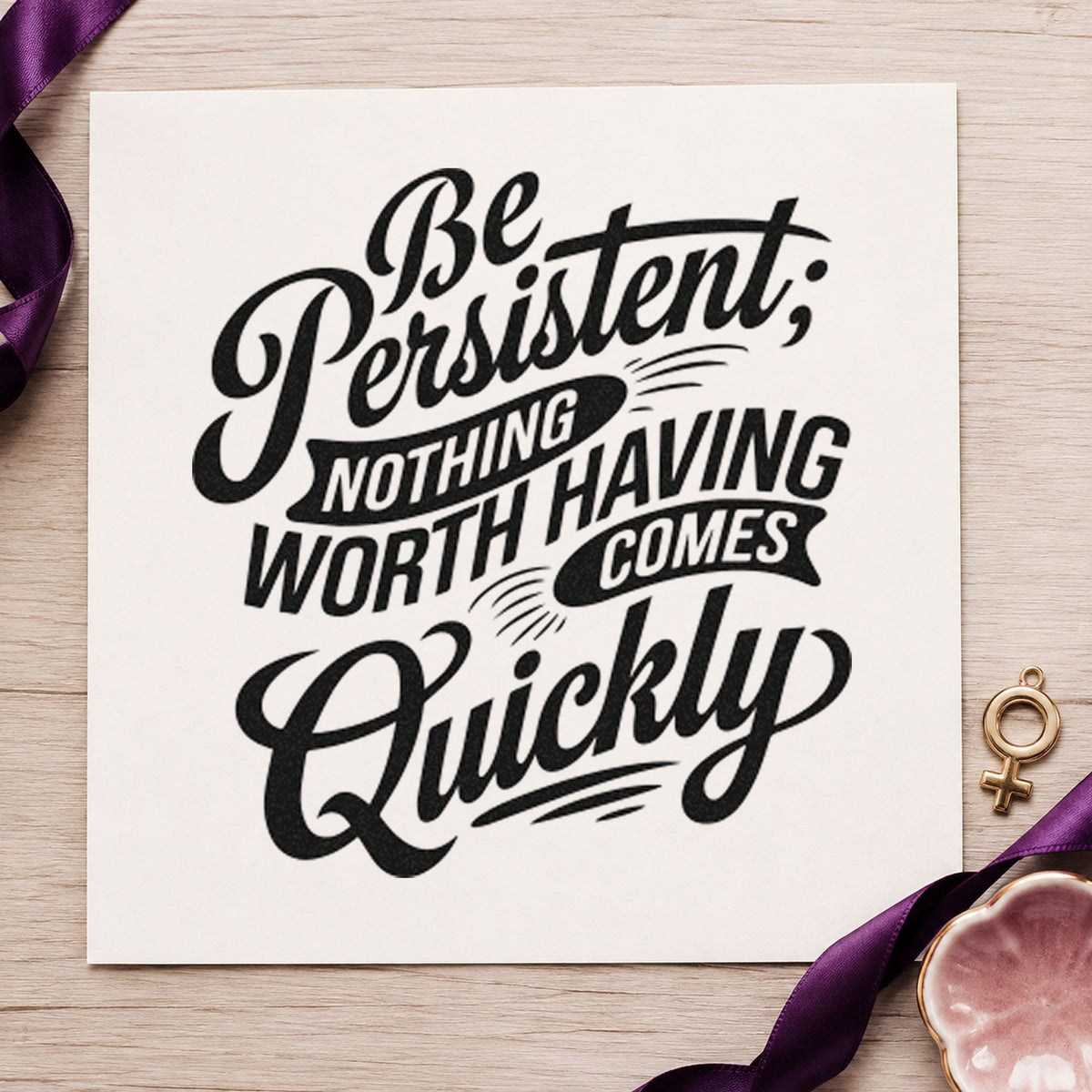 Be Persistent Nothing Quickly craft stamp in black ink on cardstock, an easy option for restore album page.