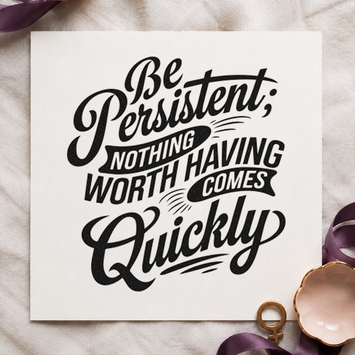 Be Persistent Nothing Quickly craft stamp imprint in black ink on a handmade project, one idea being part box gift tags.