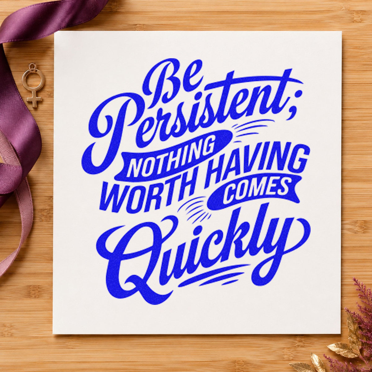 Be Persistent Nothing Quickly craft stamp in blue ink on cardstock, an easy option for bench cloth printing.