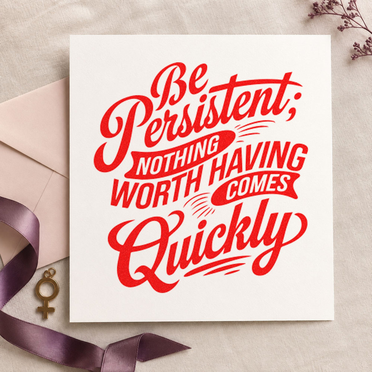Be Persistent Nothing Quickly craft stamp imprint in red ink on a handmade project, one idea being progress log cards.
