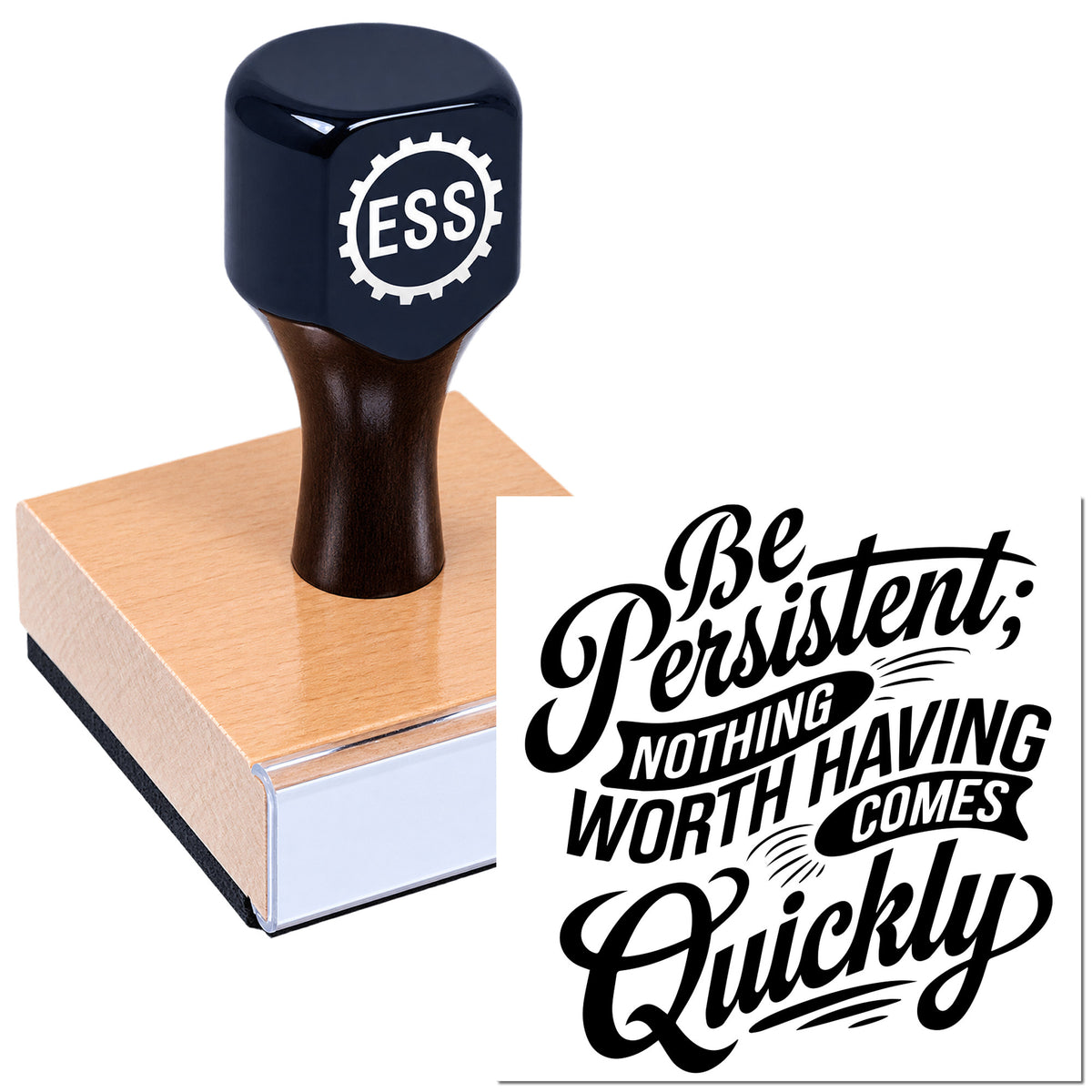 Navy and black embossing stamp seal on pink base, showing bold black "Be Persistent" lettering.