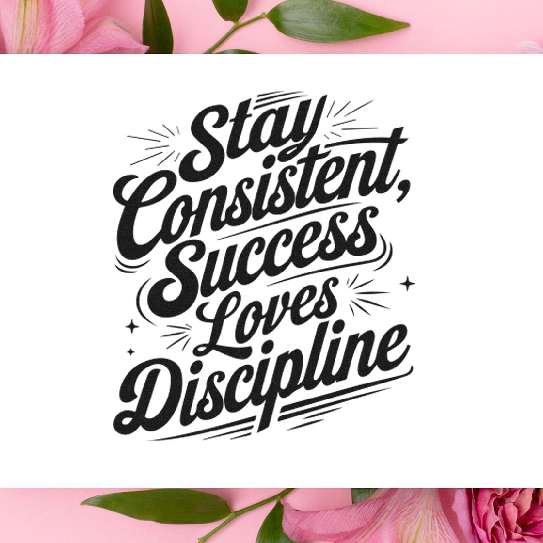 Black stamp and seal design with bold script: Stay Consistent, Success Loves Discipline, on white with pink floral accents.