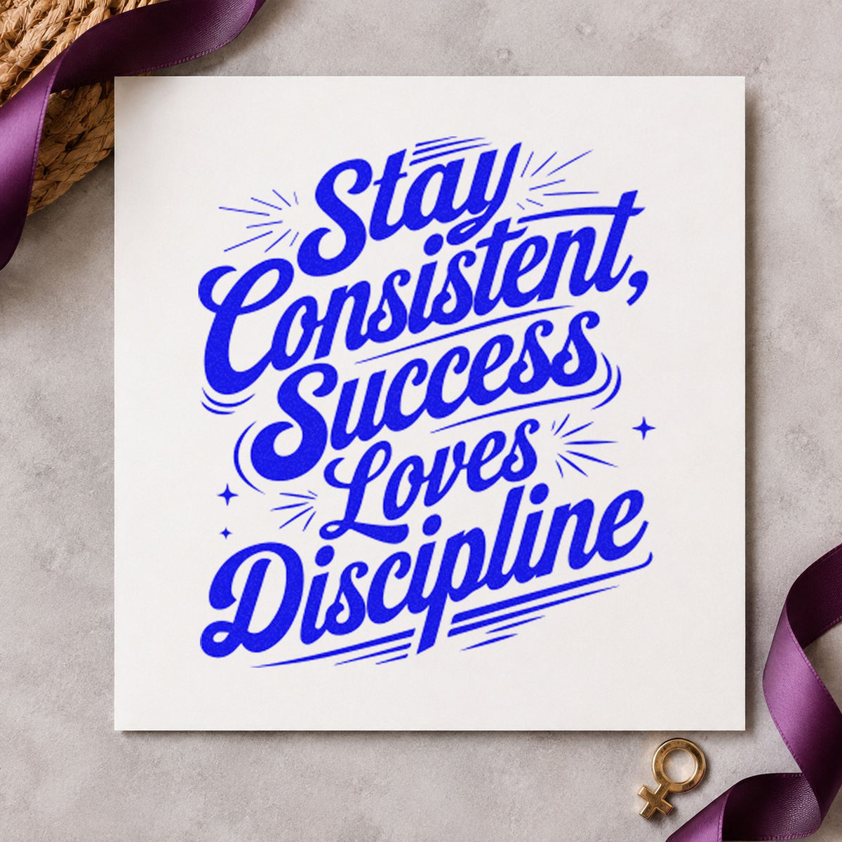 Stay Consistent Success Discipline craft stamp imprinted in blue ink on paper, a design suited to framed writing desk.