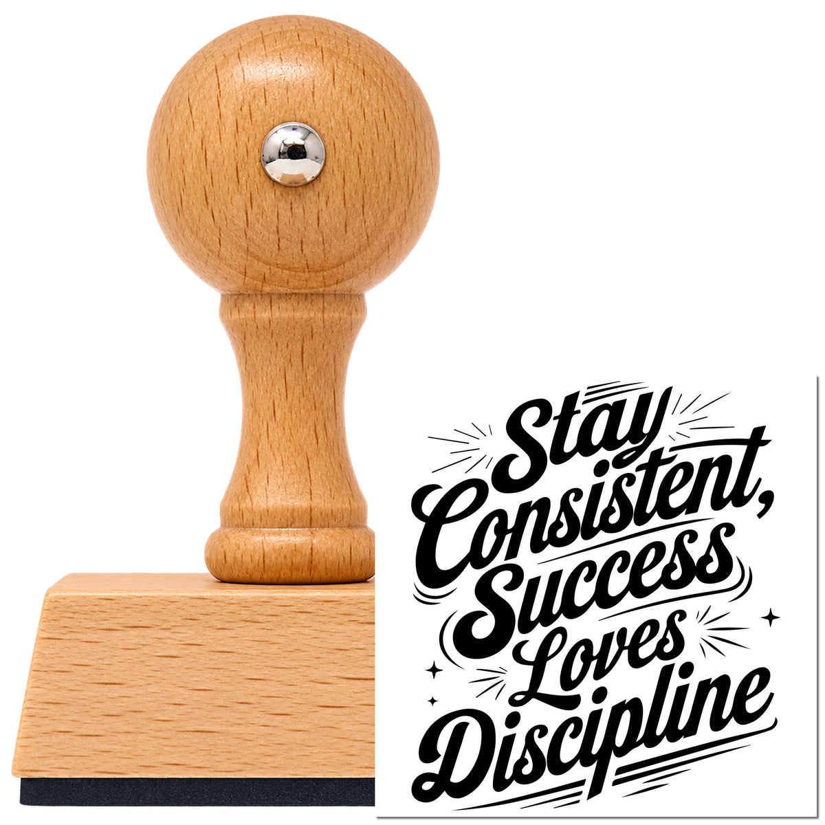 Vintage Pro beech wood stamp with a round knob handle, shown with its black Stay Consistent Success Discipline imprint on white.