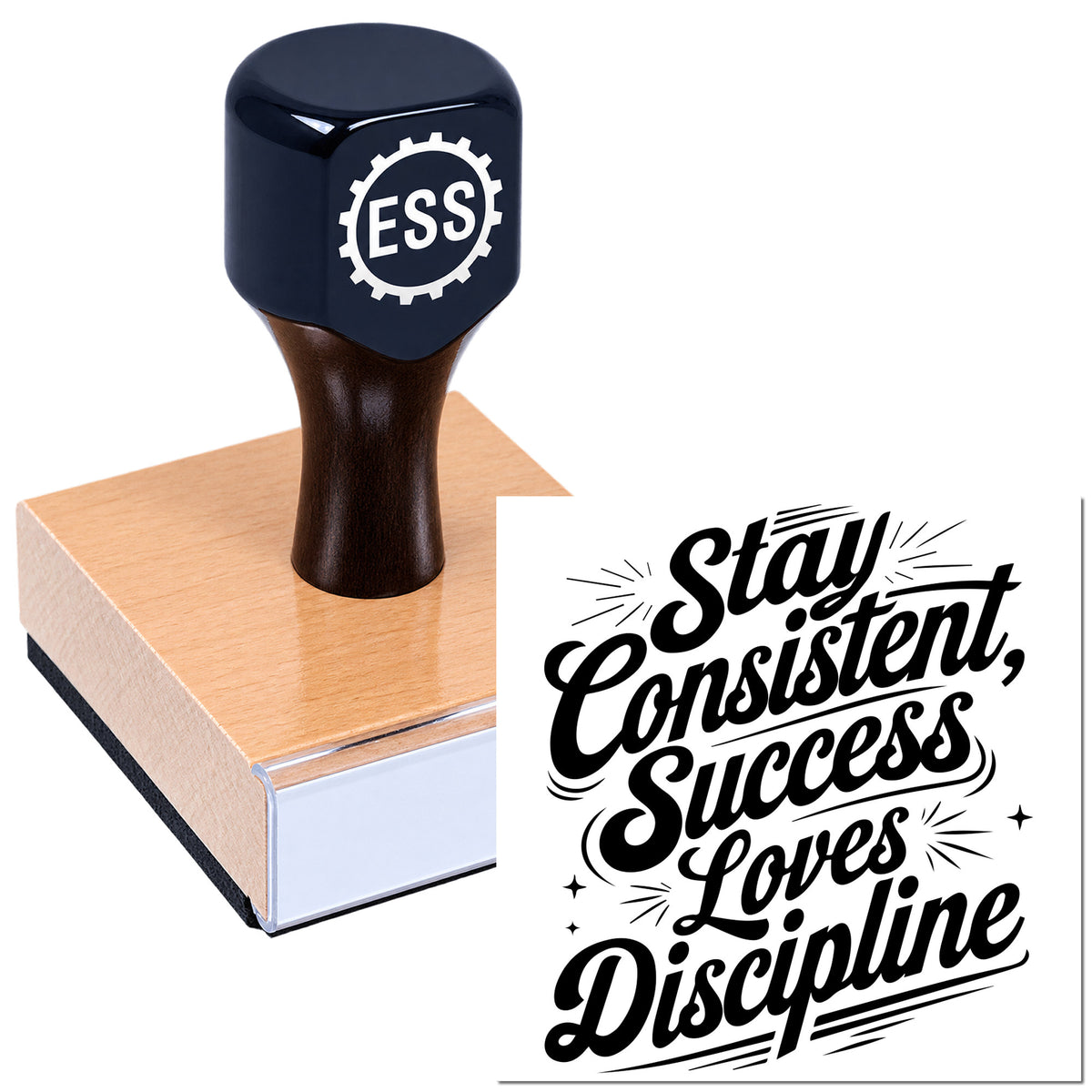 Dark blue ESSI stamp seal on a pink-and-white base, with black "Stay Consistent, Success Loves Discipline" design.
