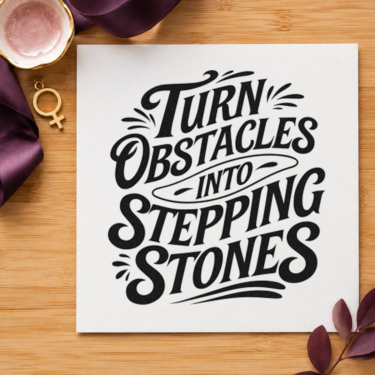 Turn Obstacles Stepping Stones craft stamp in black ink on cardstock, an easy option for event album page.