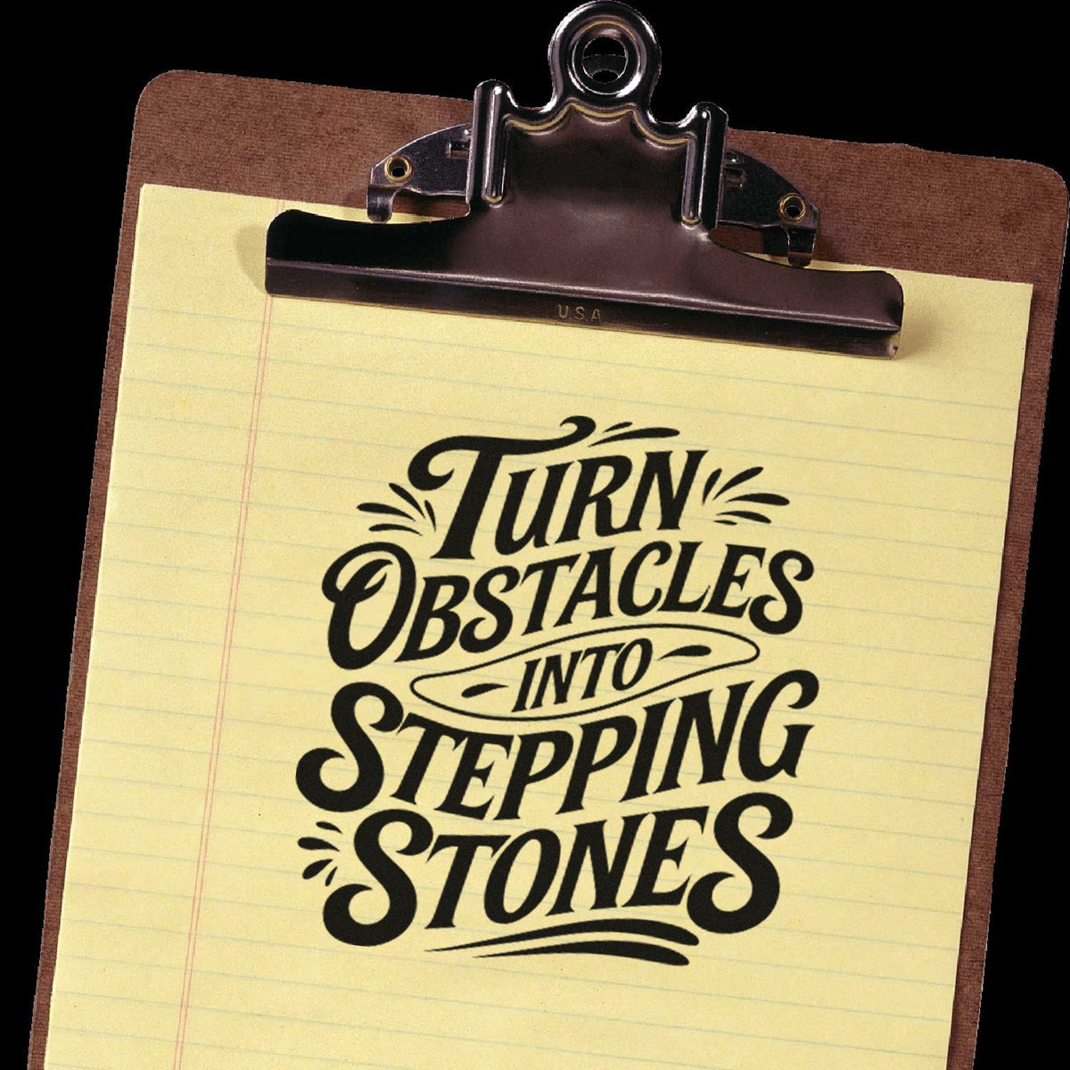 Brown clipboard with yellow lined paper and black decorative stamp seal reading Turn Obstacles Into Stepping Stones.