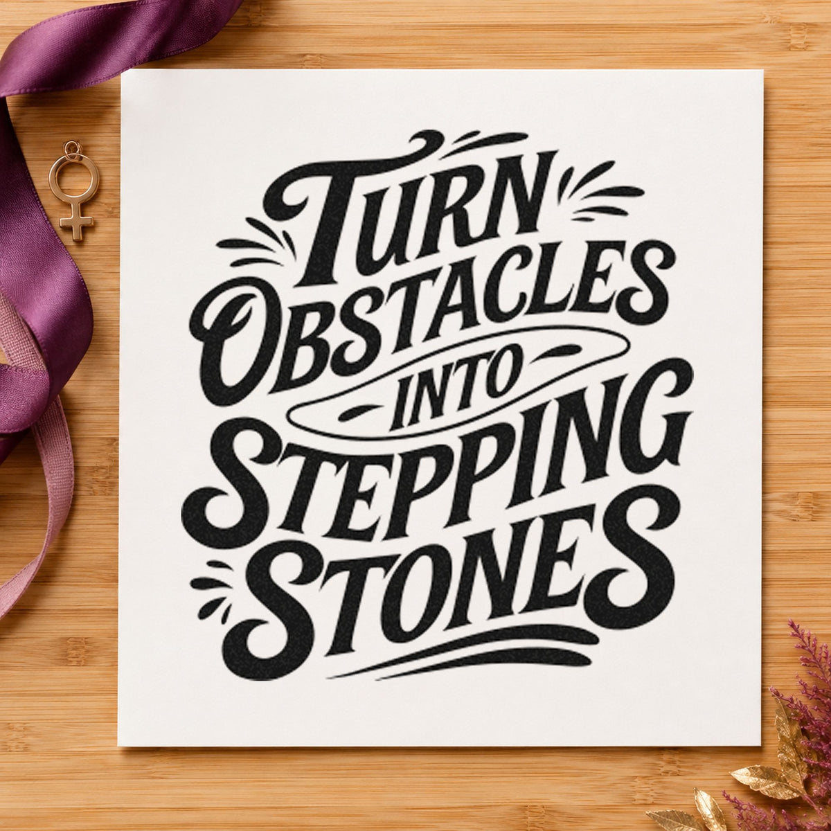 Turn Obstacles Stepping Stones craft stamp imprint in black ink on a handmade project, one idea being compass gift tags.