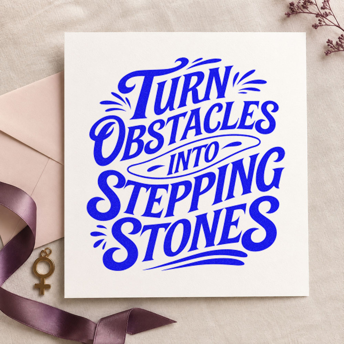 Turn Obstacles Stepping Stones craft stamp imprinted in blue ink on paper, a design suited to framed club hut.