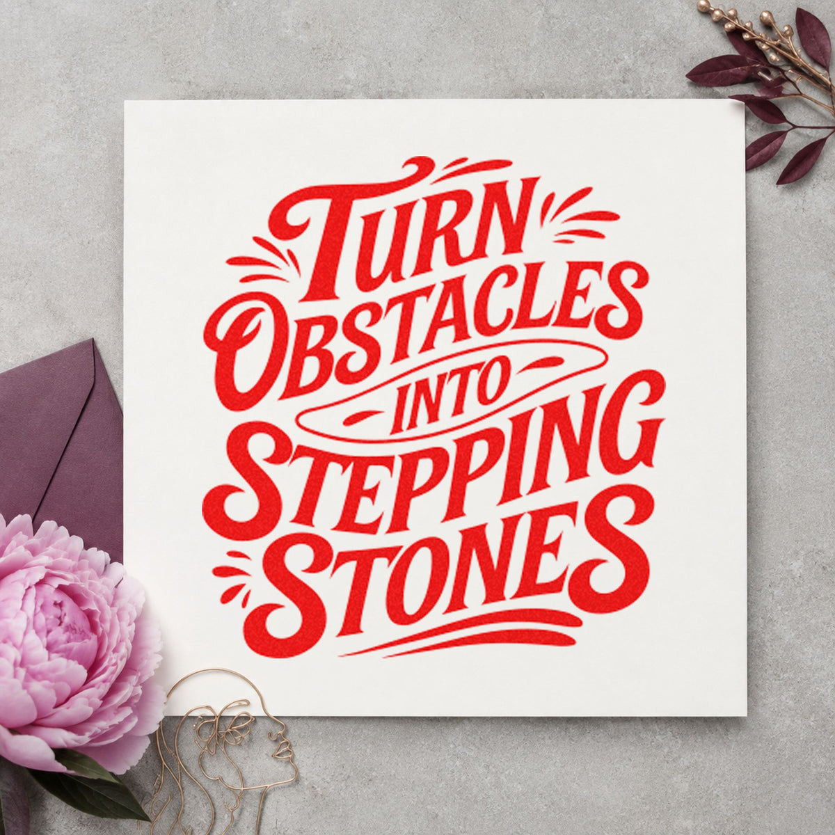 Turn Obstacles Stepping Stones rubber stamp shown in red ink, stamped for projects such as bin control labels.
