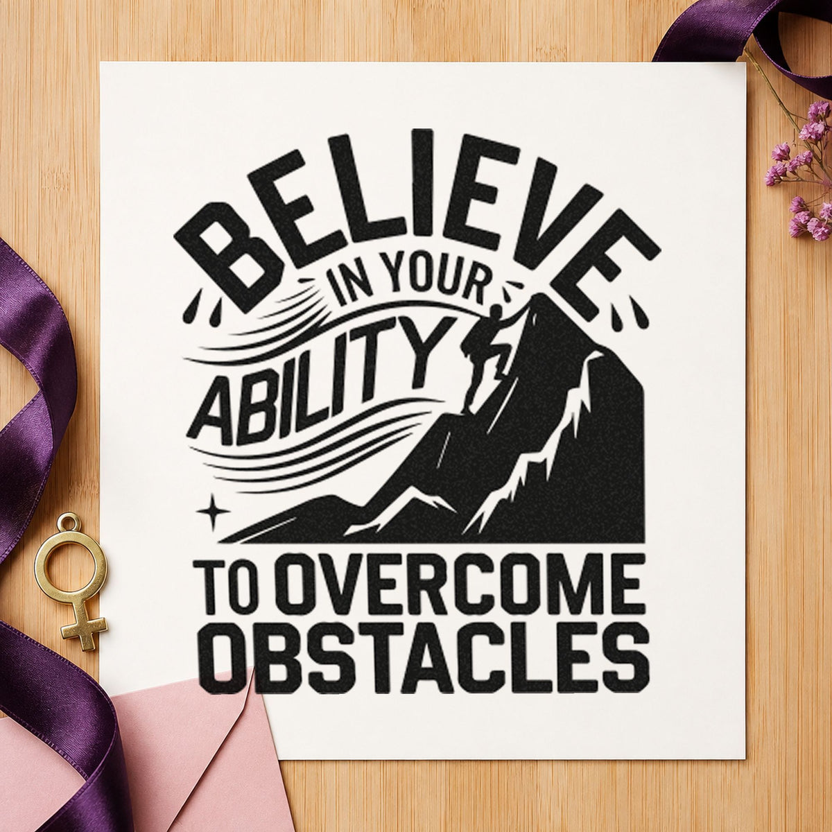 Believe Ability Overcome Obstacles craft stamp imprint in black ink on a handmade project, one idea being harness gift tags.