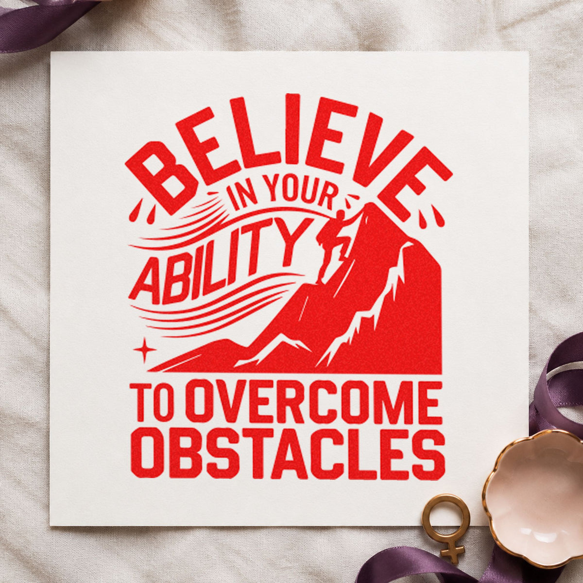 Believe Ability Overcome Obstacles rubber stamp shown in red ink, stamped for projects such as bin helmet labels.