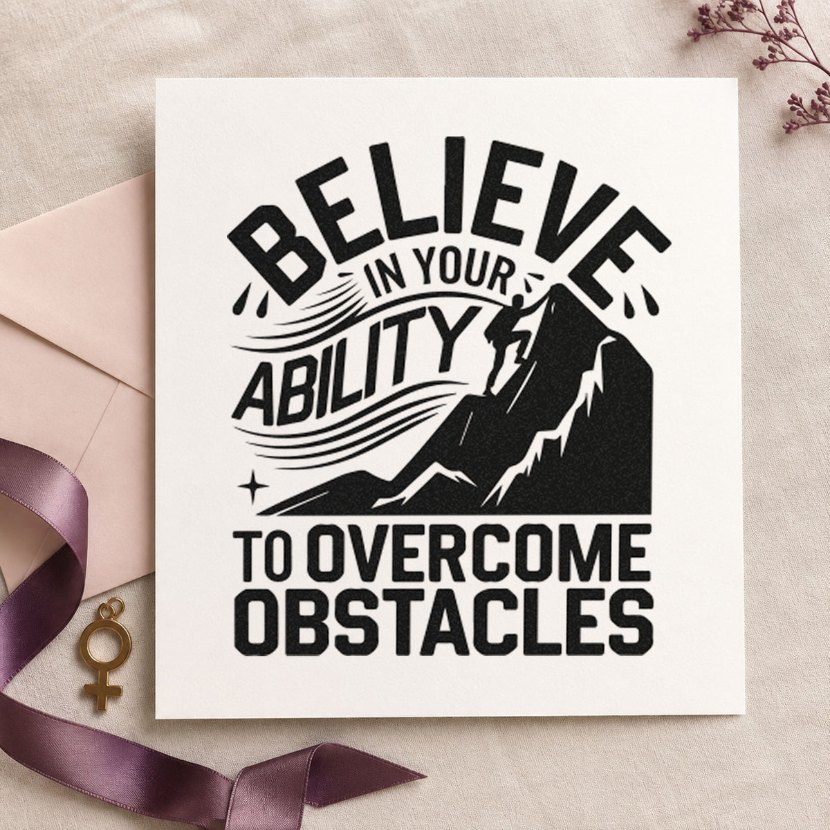Believe Ability Overcome Obstacles rubber stamp printed in black ink, ready for tiny climber cards and similar paper crafts.