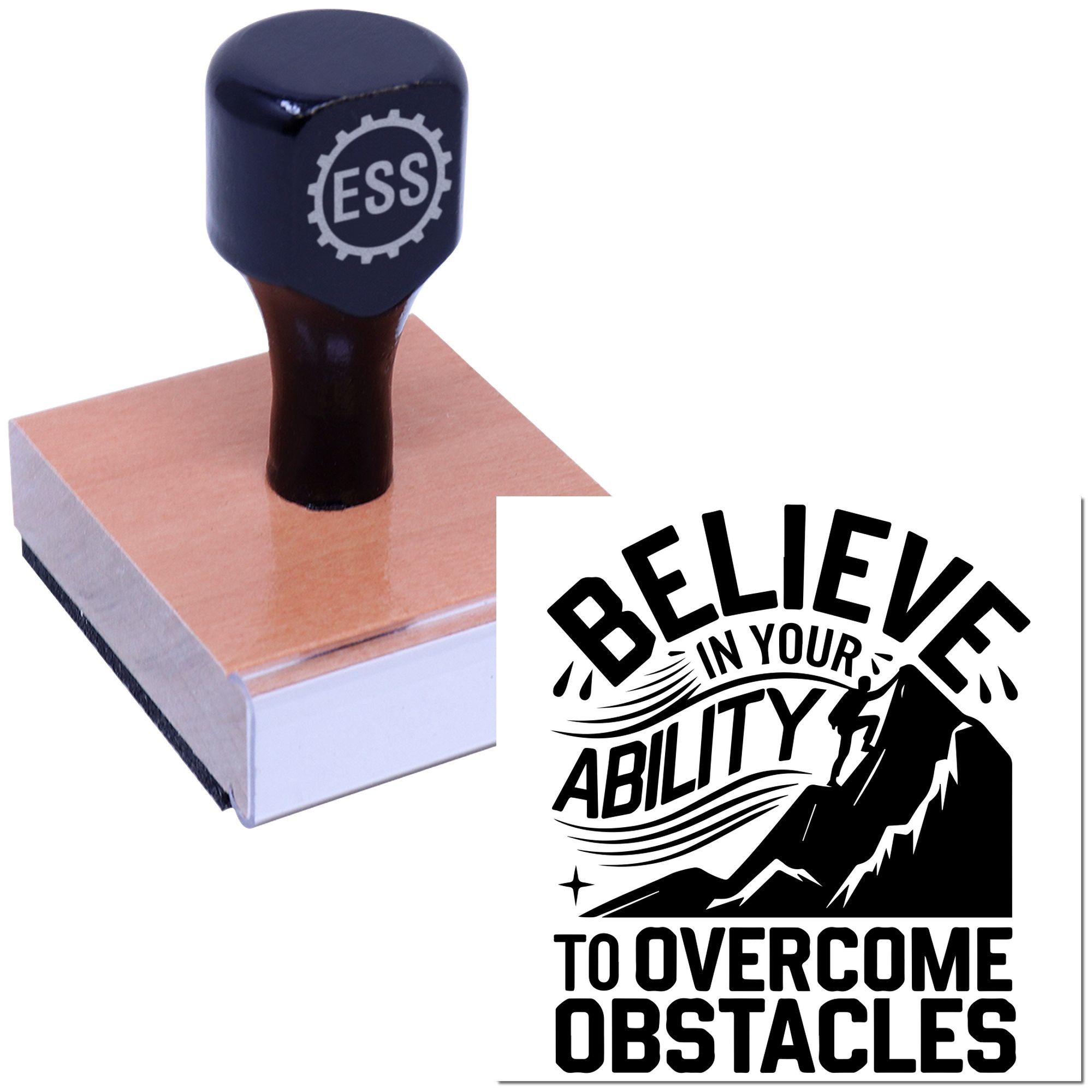 Black ESSS self-inking stamp on peach base beside a bold Believe in your ability to overcome obstacles seal design.