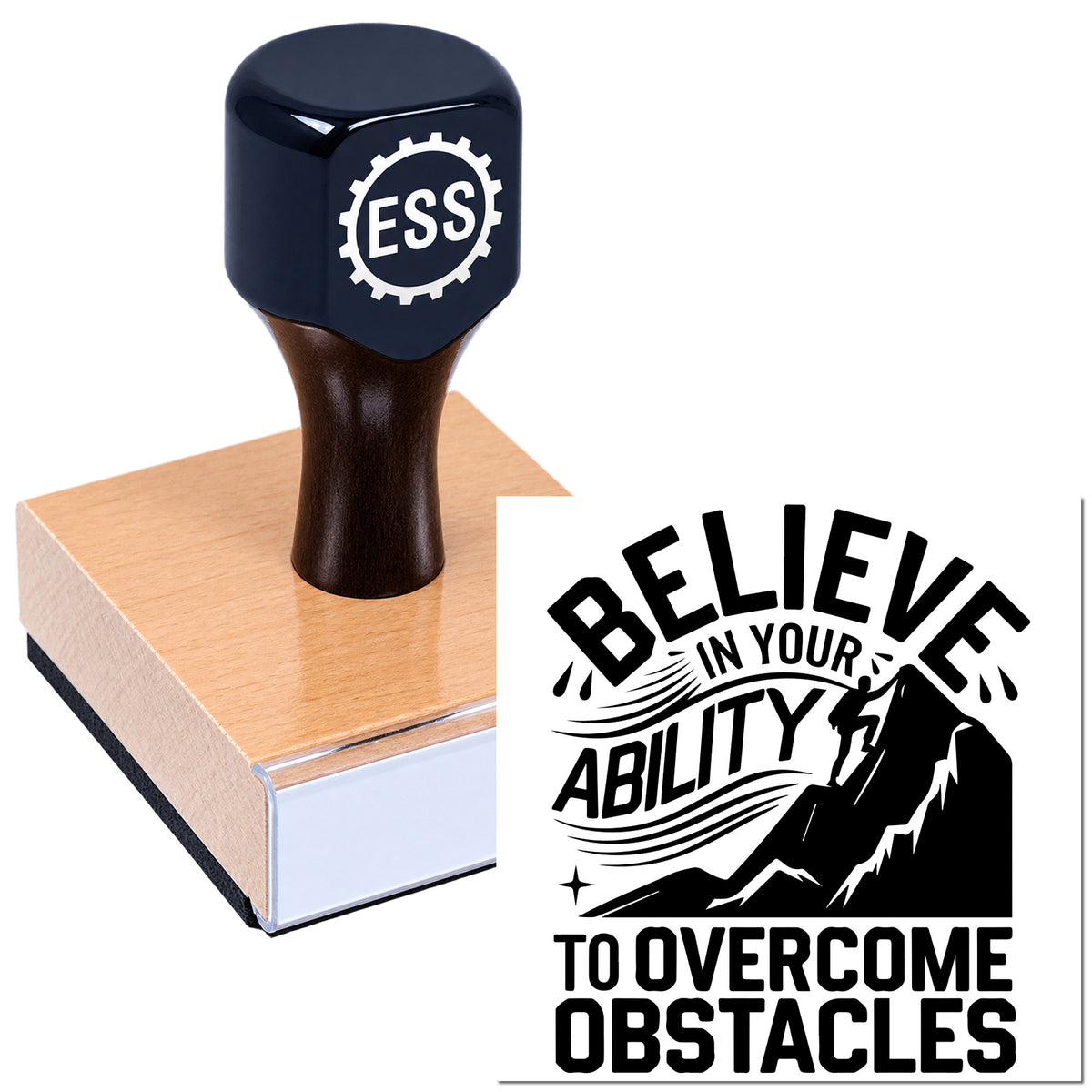 Black ESSS self-inking stamp on peach base beside a bold "Believe in your ability to overcome obstacles" seal design.