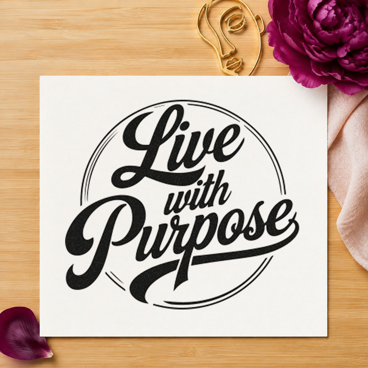 Live With Purpose Circle craft stamp imprint in black ink on a handmade project, one idea being kit box gift tags.