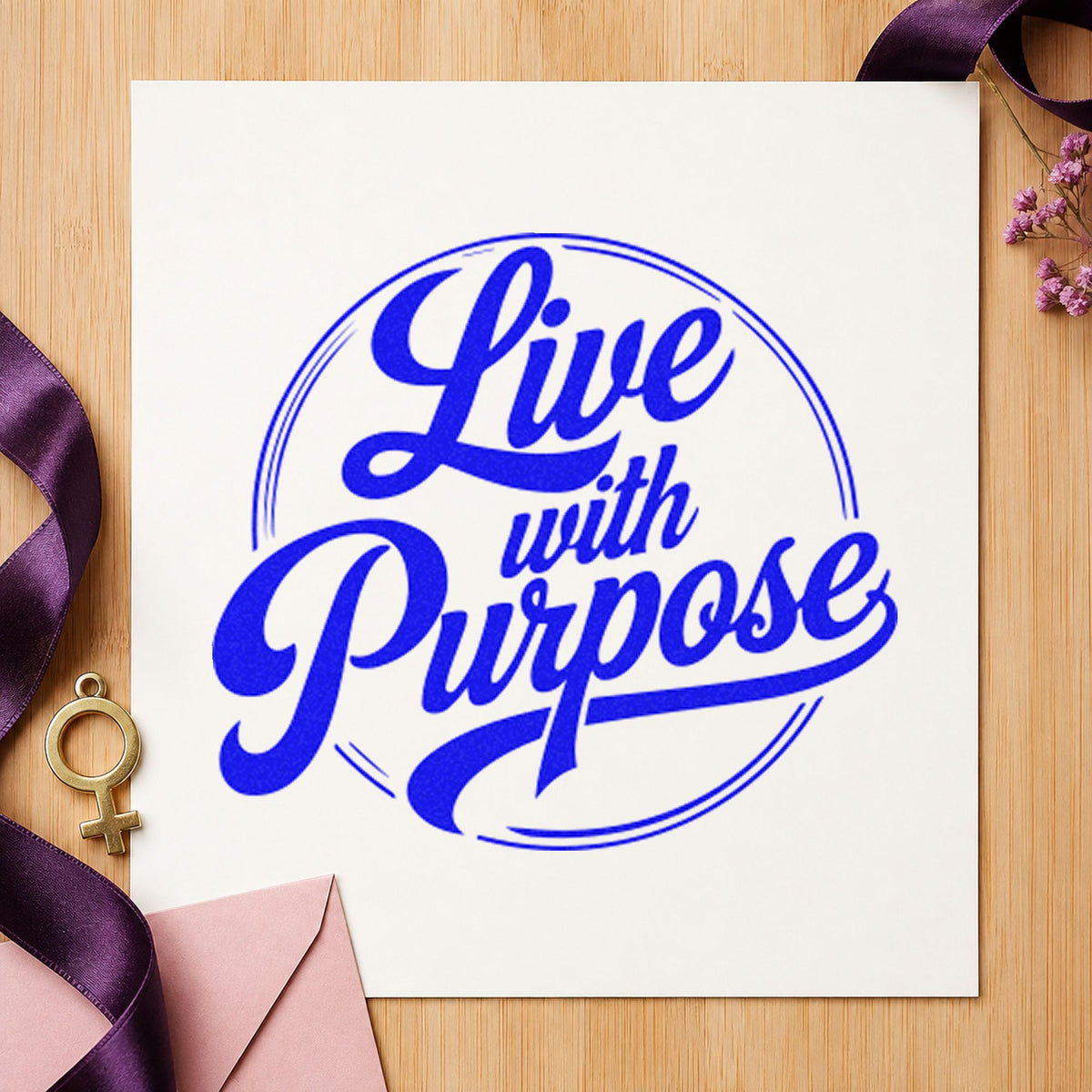 Live With Purpose Circle craft stamp imprinted in blue ink on paper, a design suited to framed utility wall.