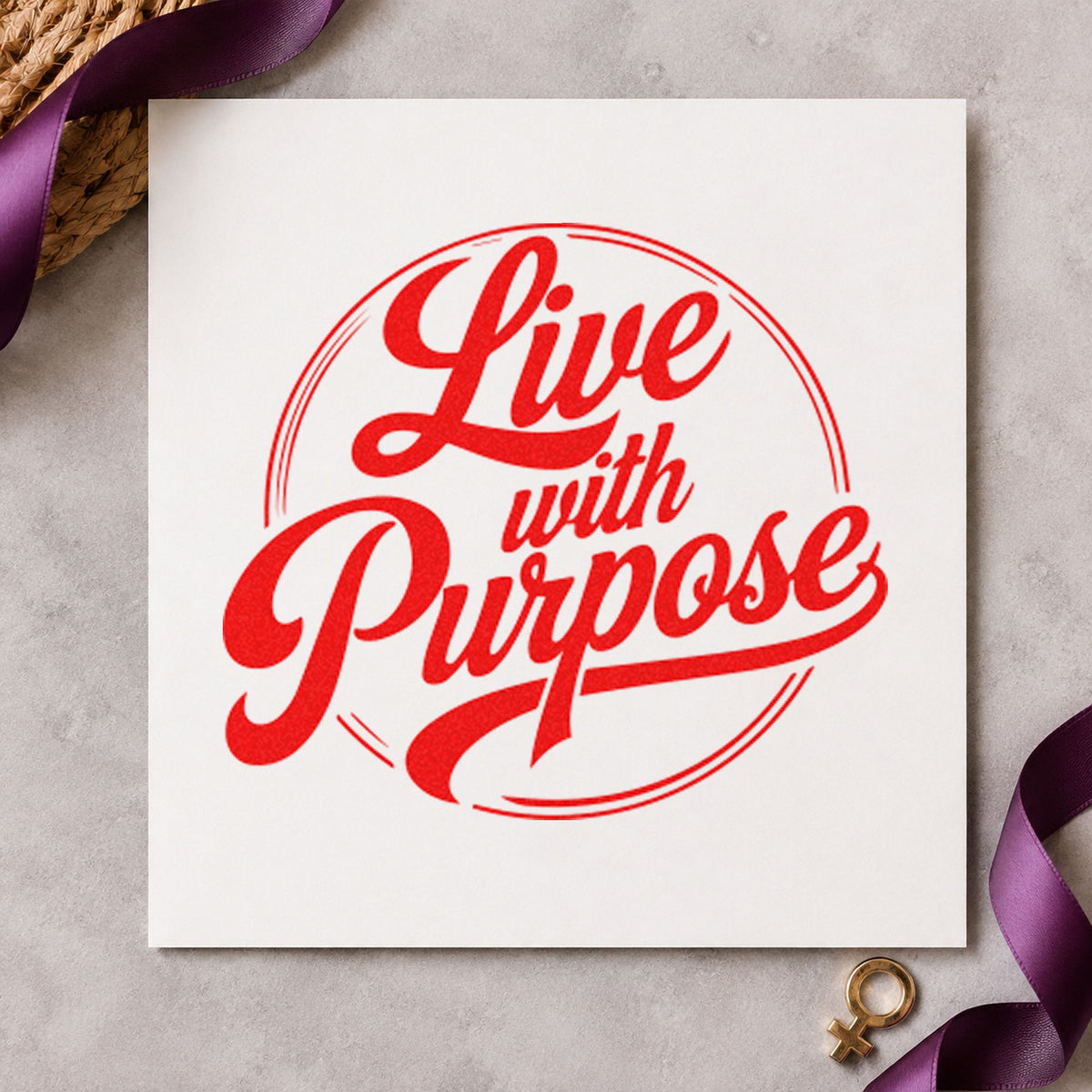 Live With Purpose Circle rubber stamp shown in red ink, stamped for projects such as bin material labels.