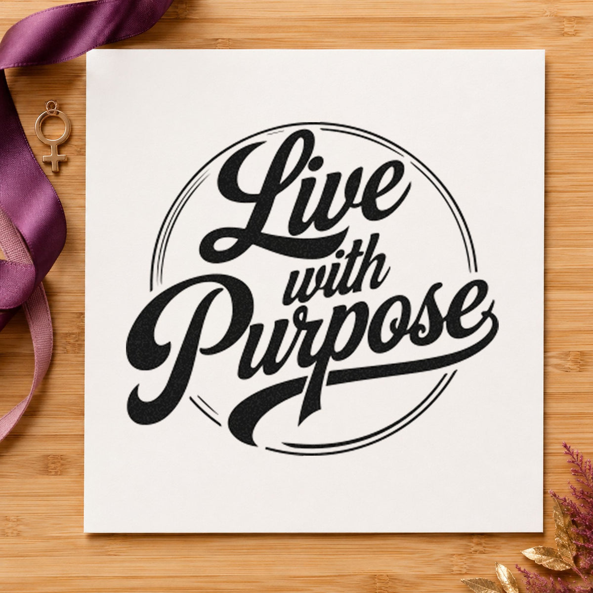 Live With Purpose Circle rubber stamp printed in black ink, ready for loose circle cards and similar paper crafts.