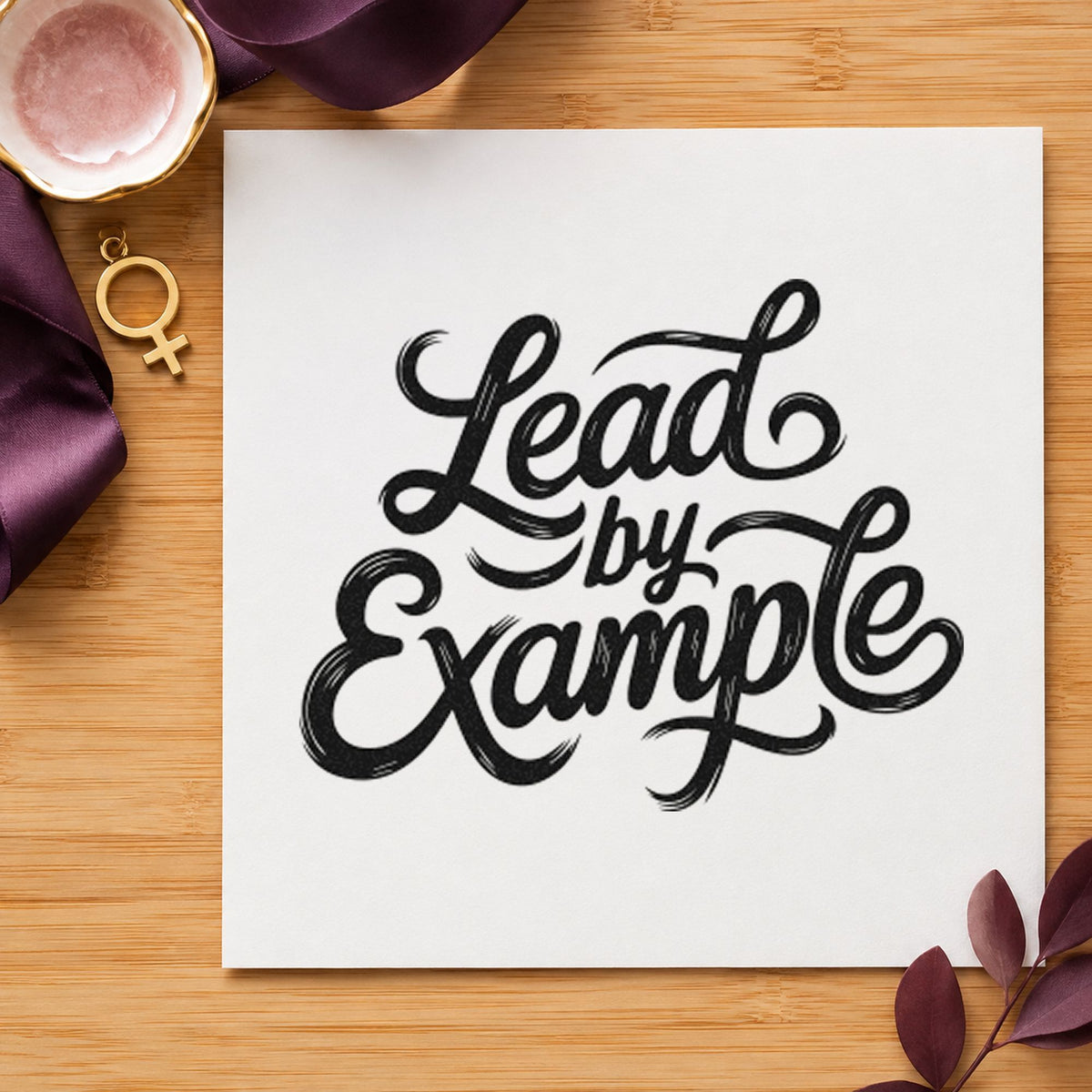 Lead By Example Script craft stamp imprint in black ink on a handmade project, one idea being crew kit gift tags.